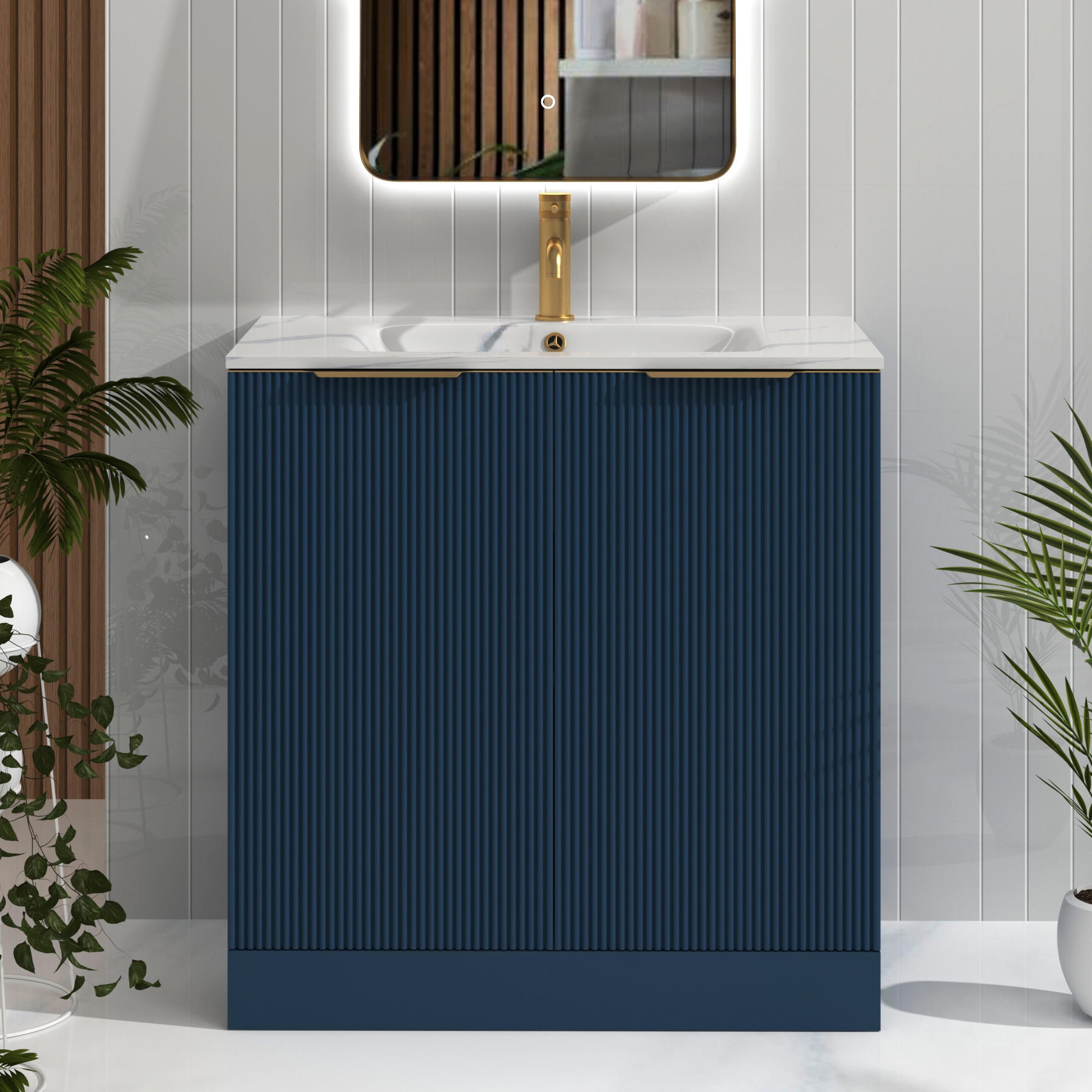 Evora 800mm Midnight Blue Fluted Floor Standing Vanity Unit 2 Door with Carrara White Basin & Brushed Brass Handles