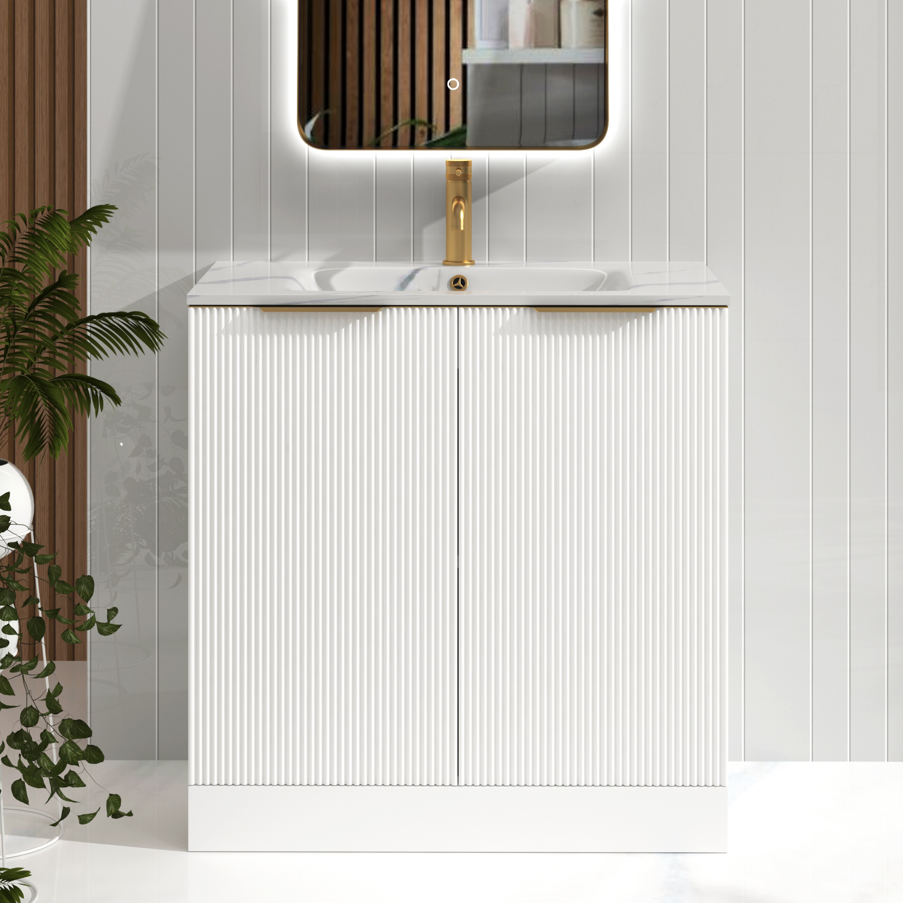 Evora 800mm Matt White Fluted Floor Standing Vanity Unit 2 Door with Carrara White Basin & Brushed Brass Handles
