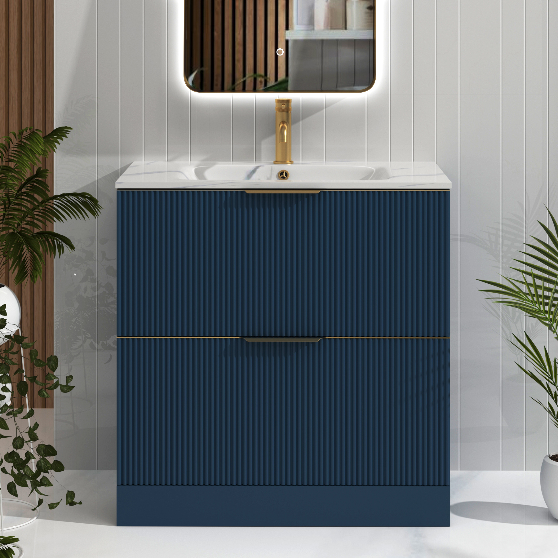 Evora 700mm Midnight Blue Fluted Floor Standing Vanity Unit 2 Drawer with Carrara White Basin & Brushed Brass Handles
