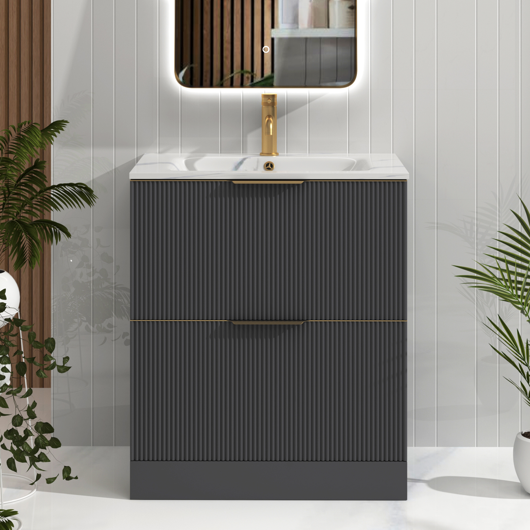 Evora 700mm Graphite Grey Fluted Floor Standing Vanity Unit 2 Drawer with Carrara White Basin & Brushed Brass Handles