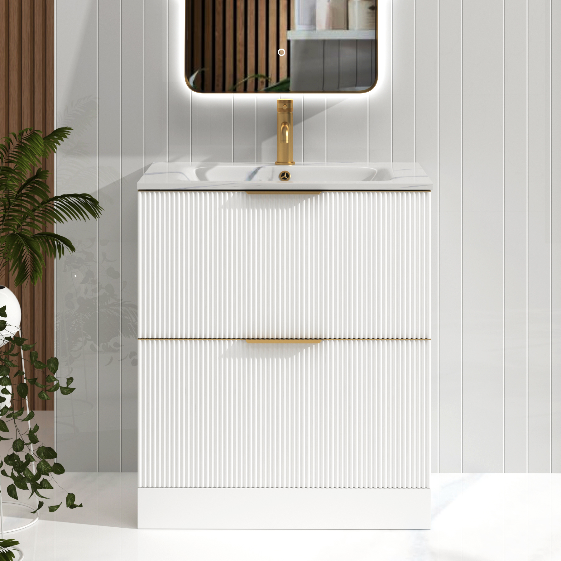 Evora 700mm Matt White Fluted Floor Standing Vanity Unit 2 Drawer with Carrara White Basin & Brushed Brass Handles