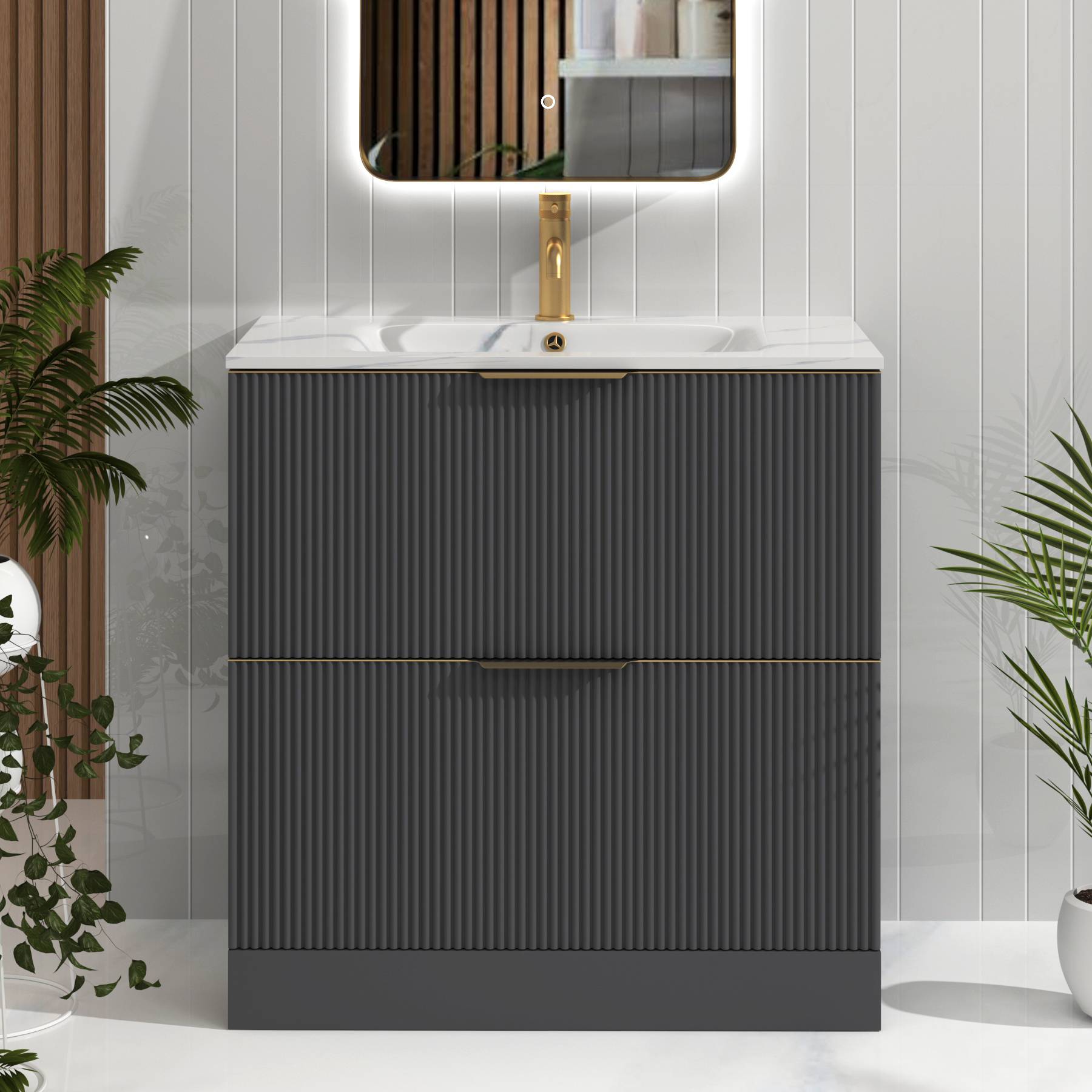 Evora 800mm Graphite Grey Fluted Floor Standing Vanity Unit 2 Drawer with Carrara White Basin & Brushed Brass Handles