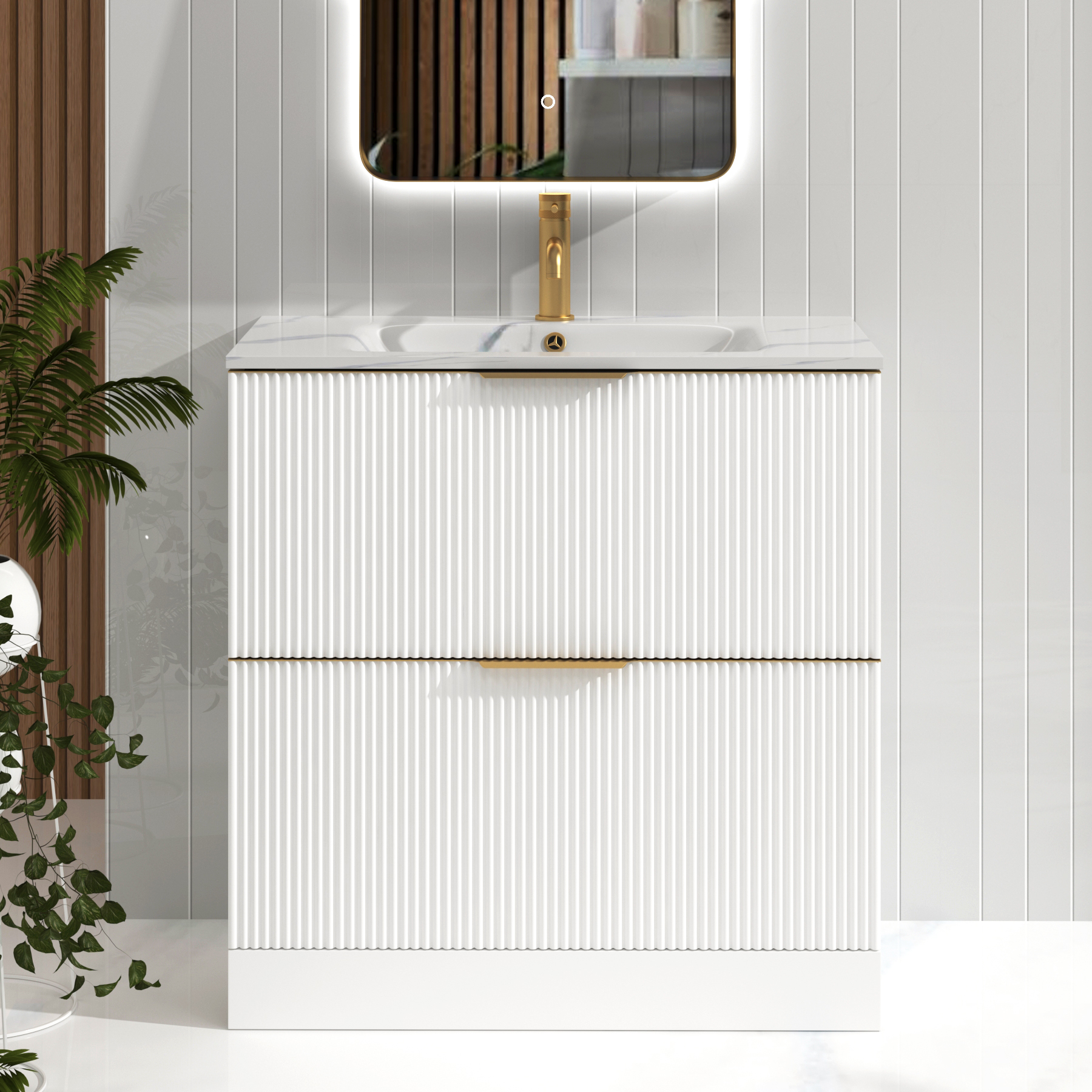 Evora 800mm Matt White Fluted Floor Standing Vanity Unit 2 Drawer with Carrara White Basin & Brushed Brass Handles