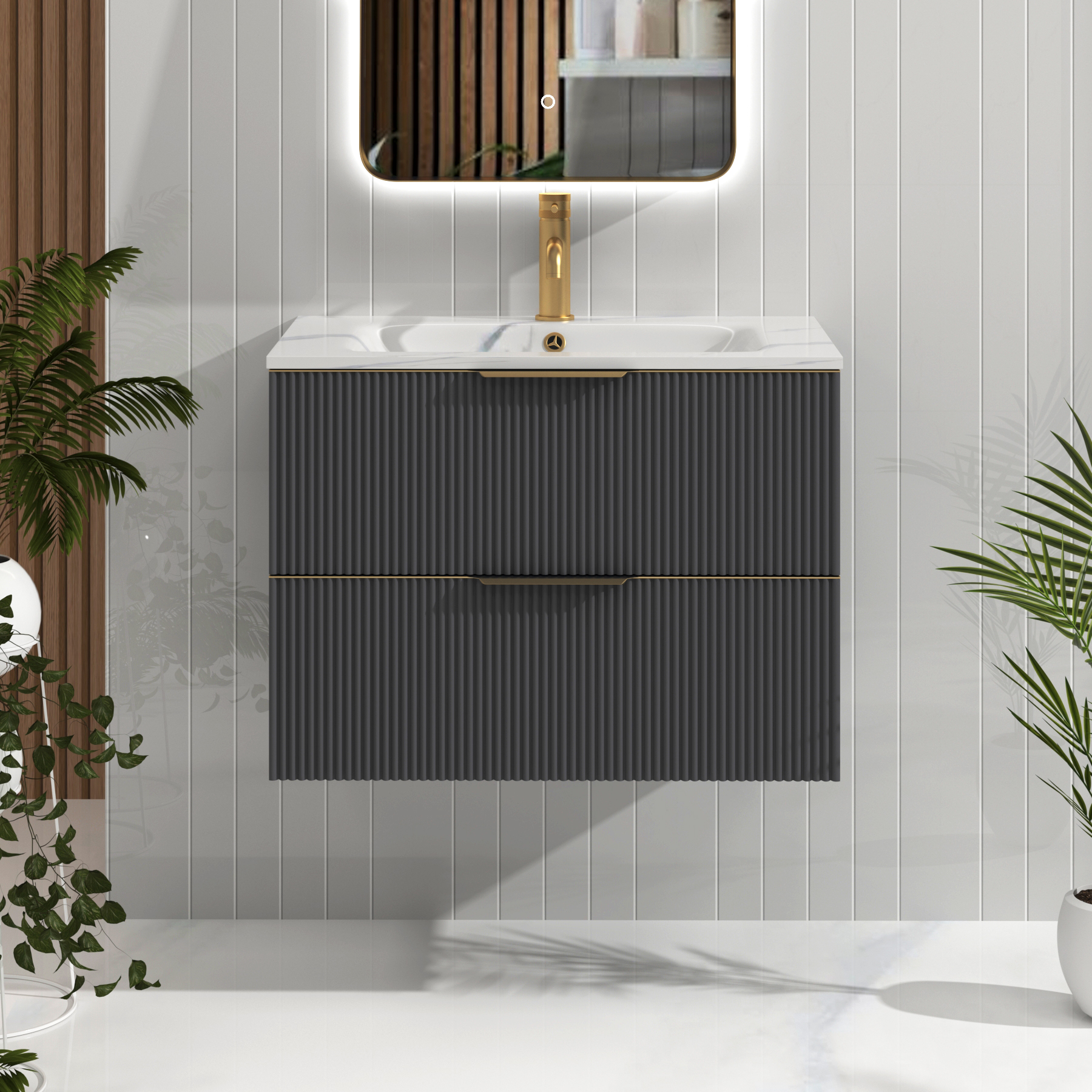 Evora Fluted 2 Drawer Wall Hung Vanity Unit – Multiple Sizes, Colours, Basins & Handle Options