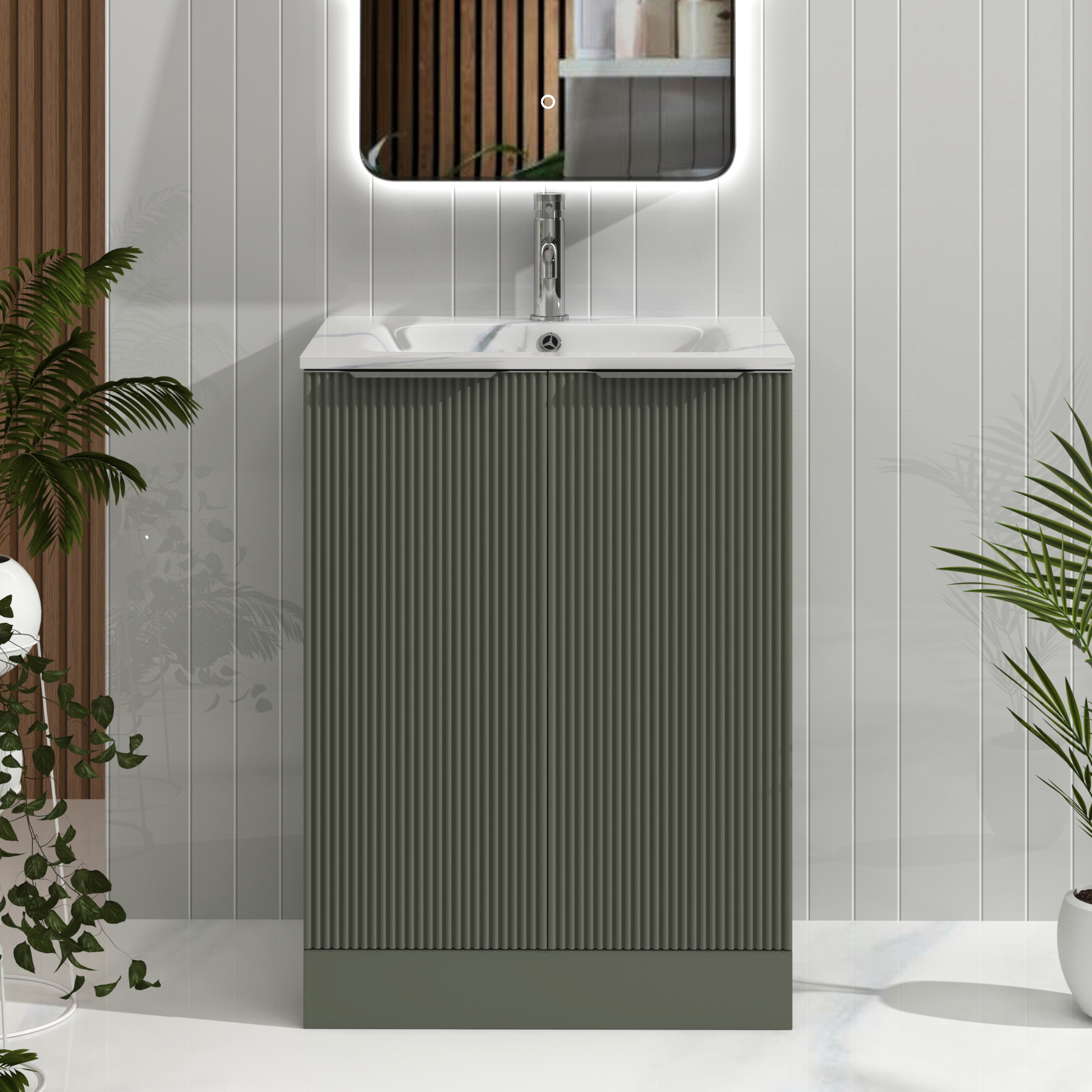 Evora Sage Green Fluted Floor Standing Vanity Unit 2 Door with Optional Basin & Various Handles