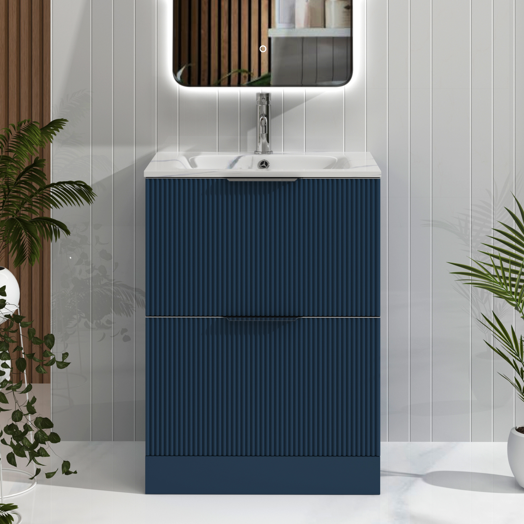 Evora Midnight Blue Fluted Floor Standing Vanity Unit 2 Drawer with Optional Basin & Various Handles