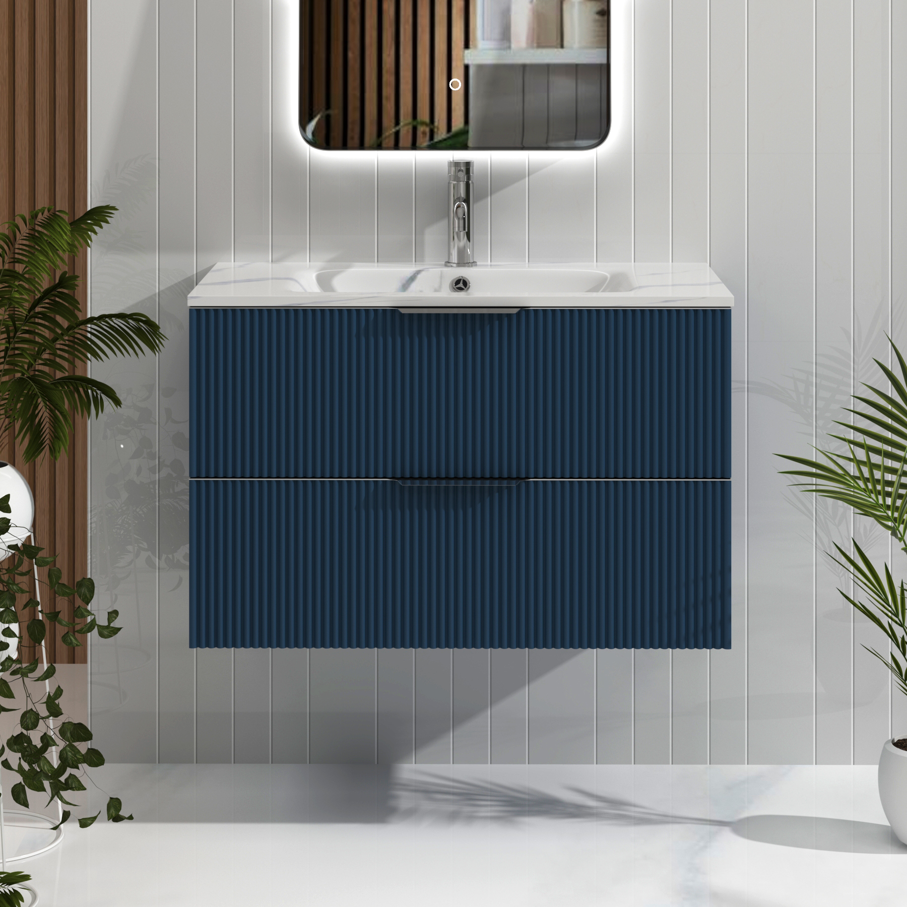 Evora Midnight Blue Fluted Wall Hung Vanity Unit 2 Drawer with Optional Basin & Various Handles