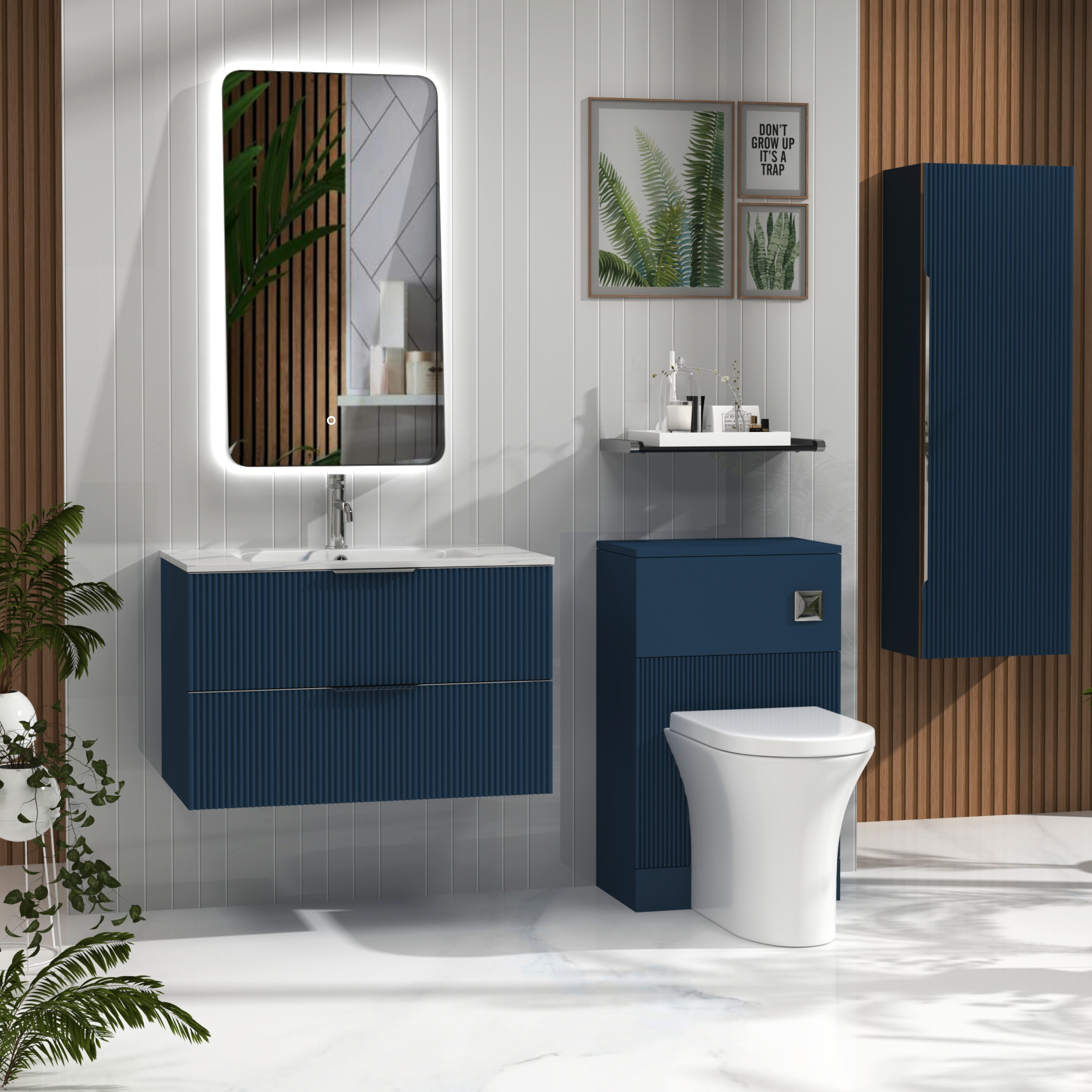 Evora Midnight Blue Fluted Wall Hung Vanity Unit 2 Drawer with Optional Basin & Various Handles
