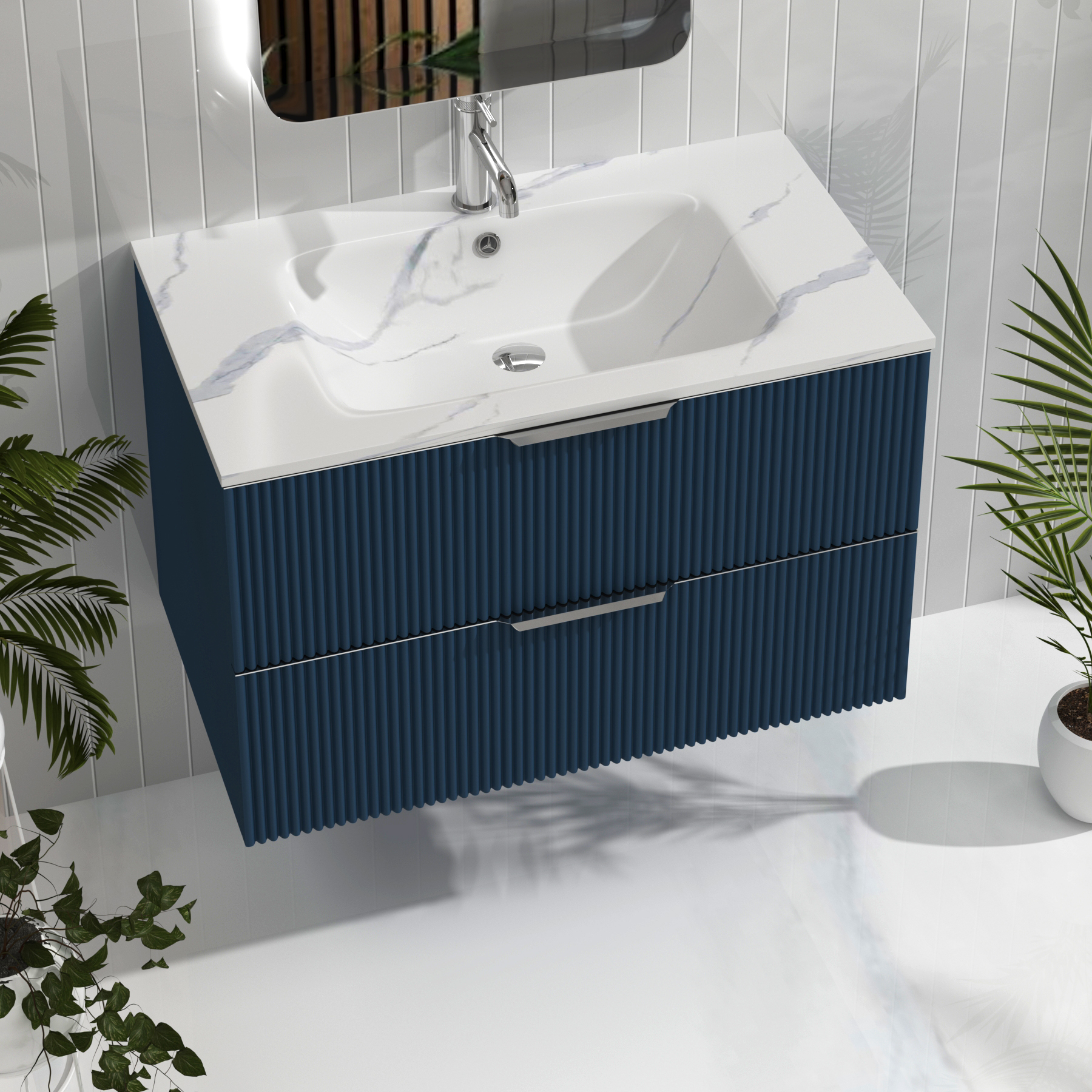Evora Midnight Blue Fluted Wall Hung Vanity Unit 2 Drawer with Optional Basin & Various Handles