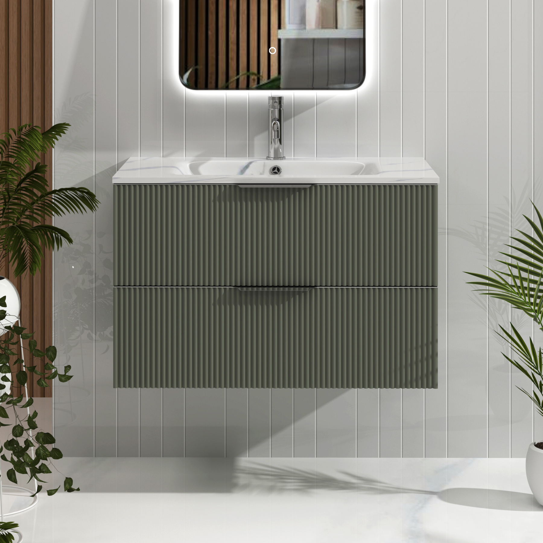 Evora Sage Green Fluted Wall Hung Vanity Unit 2 Drawer with Optional Basin & Various Handles