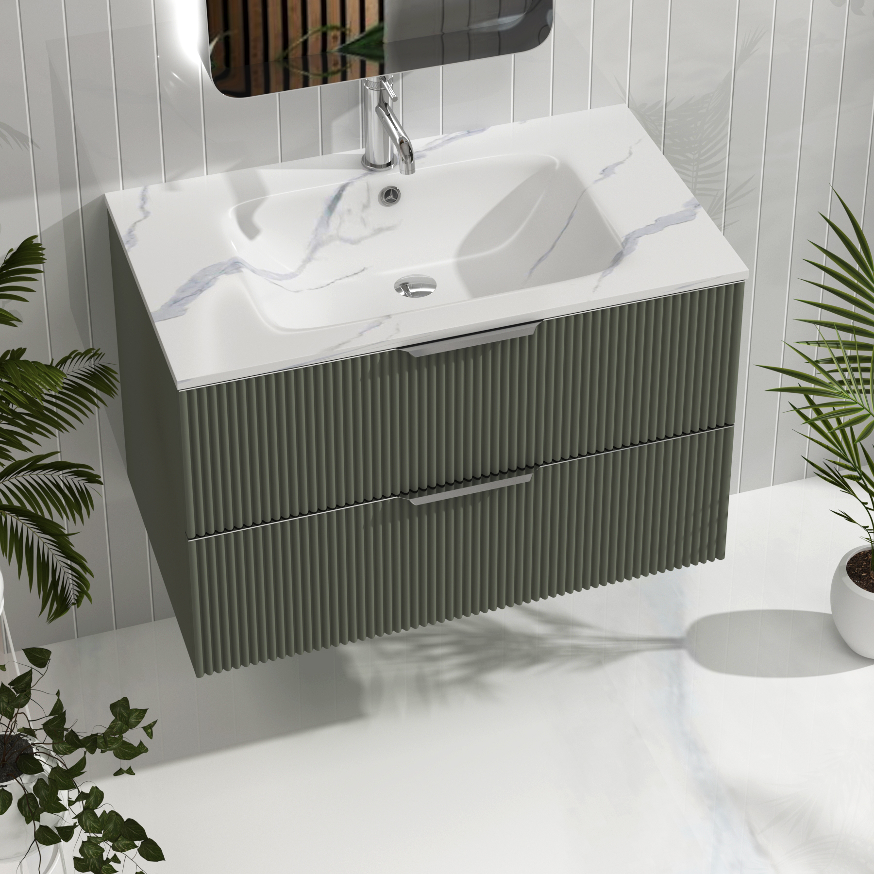 Evora Sage Green Fluted Wall Hung Vanity Unit 2 Drawer with Optional Basin & Various Handles