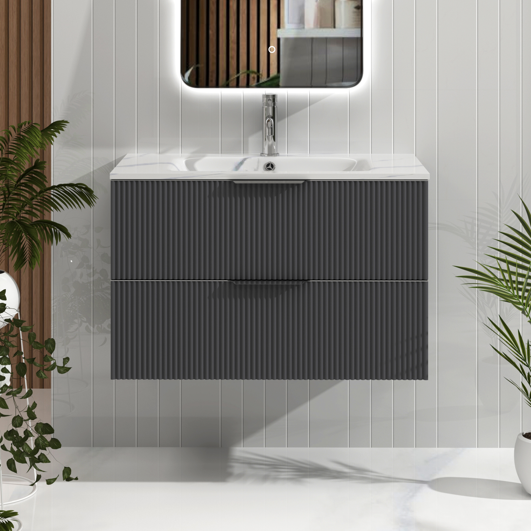 Evora Graphite Grey Fluted Wall Hung Vanity Unit 2 Drawer with Optional Basin & Various Handles
