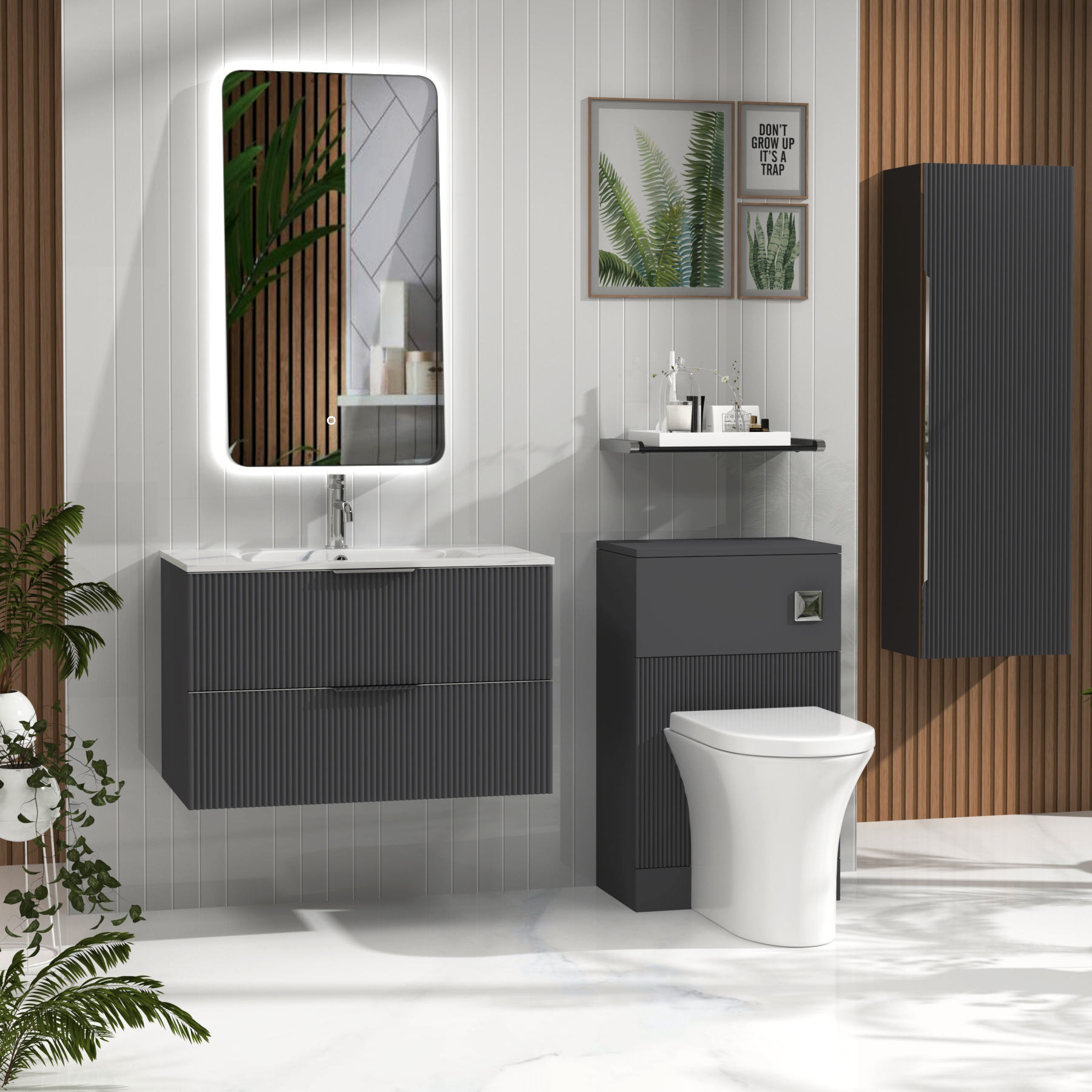Evora Graphite Grey Fluted Wall Hung Vanity Unit 2 Drawer with Optional Basin & Various Handles