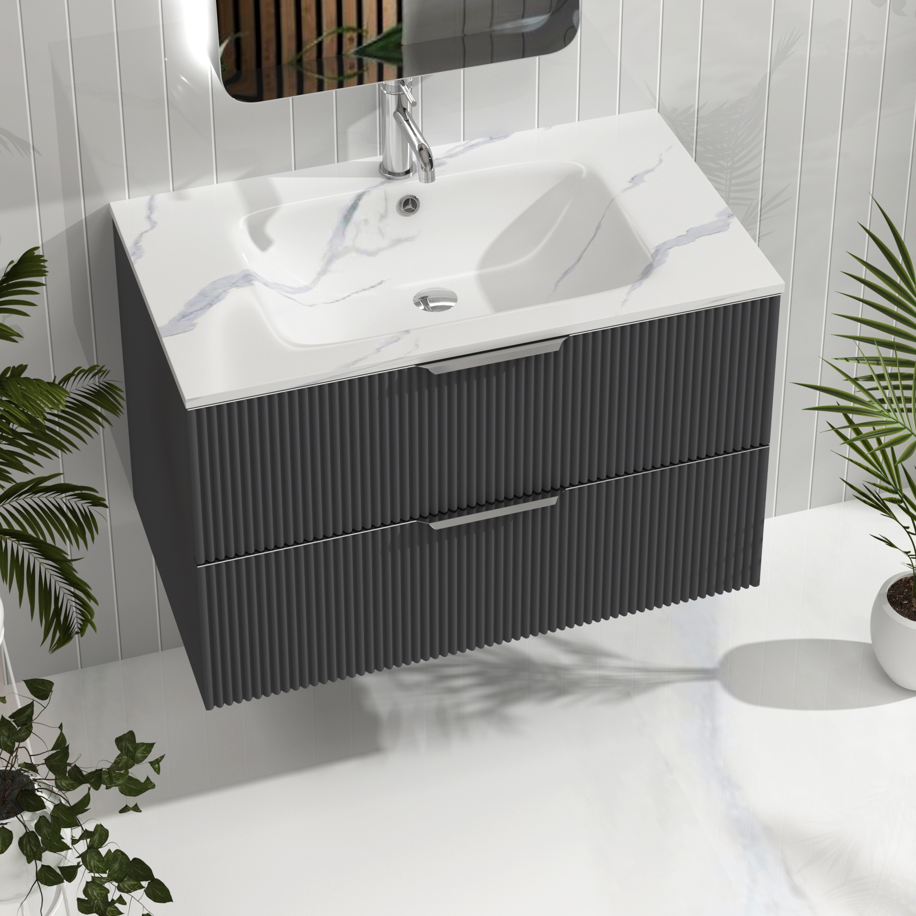 Evora Graphite Grey Fluted Wall Hung Vanity Unit 2 Drawer with Optional Basin & Various Handles