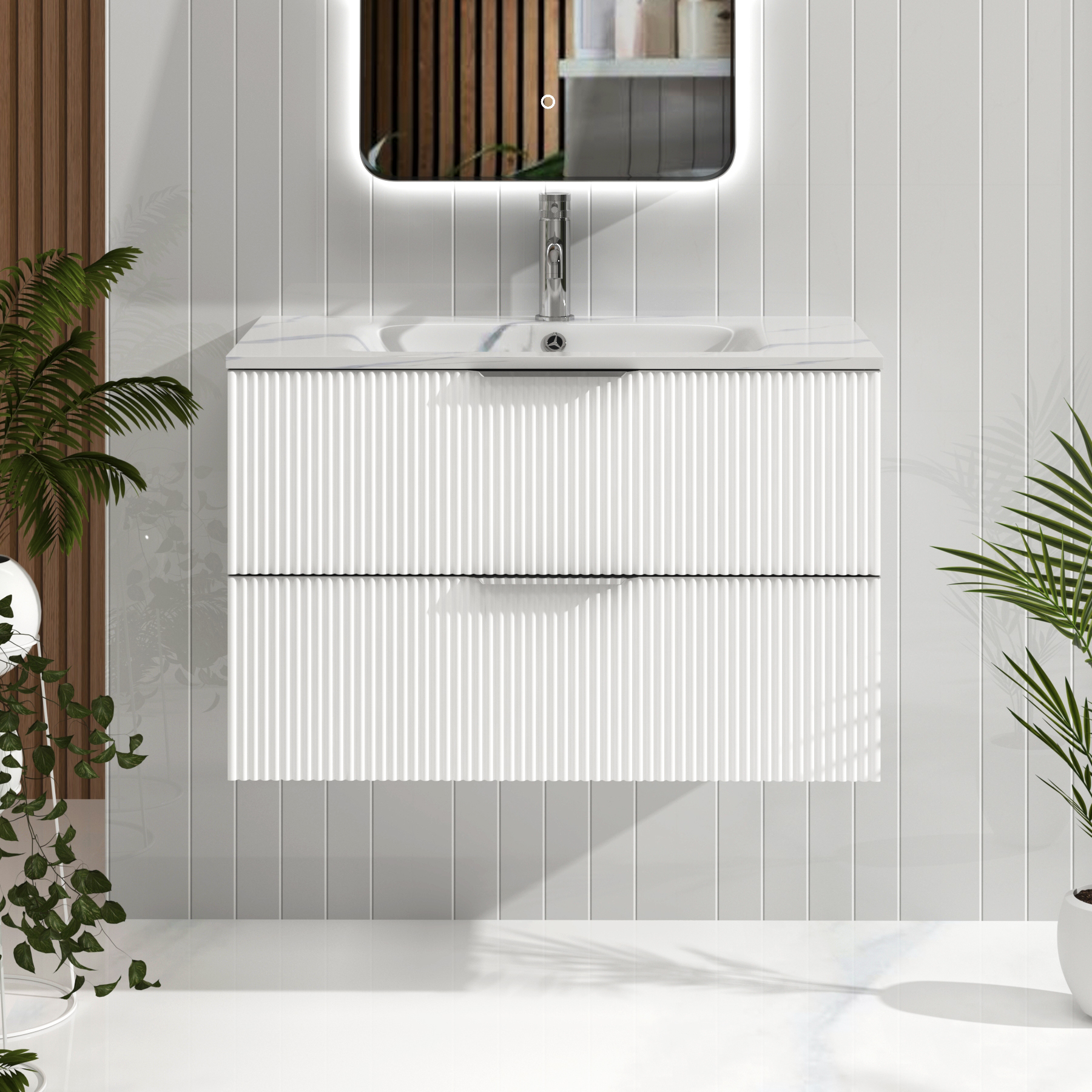 Evora Matt White Fluted Wall Hung Vanity Unit 2 Drawer with Optional Basin & Various Handles