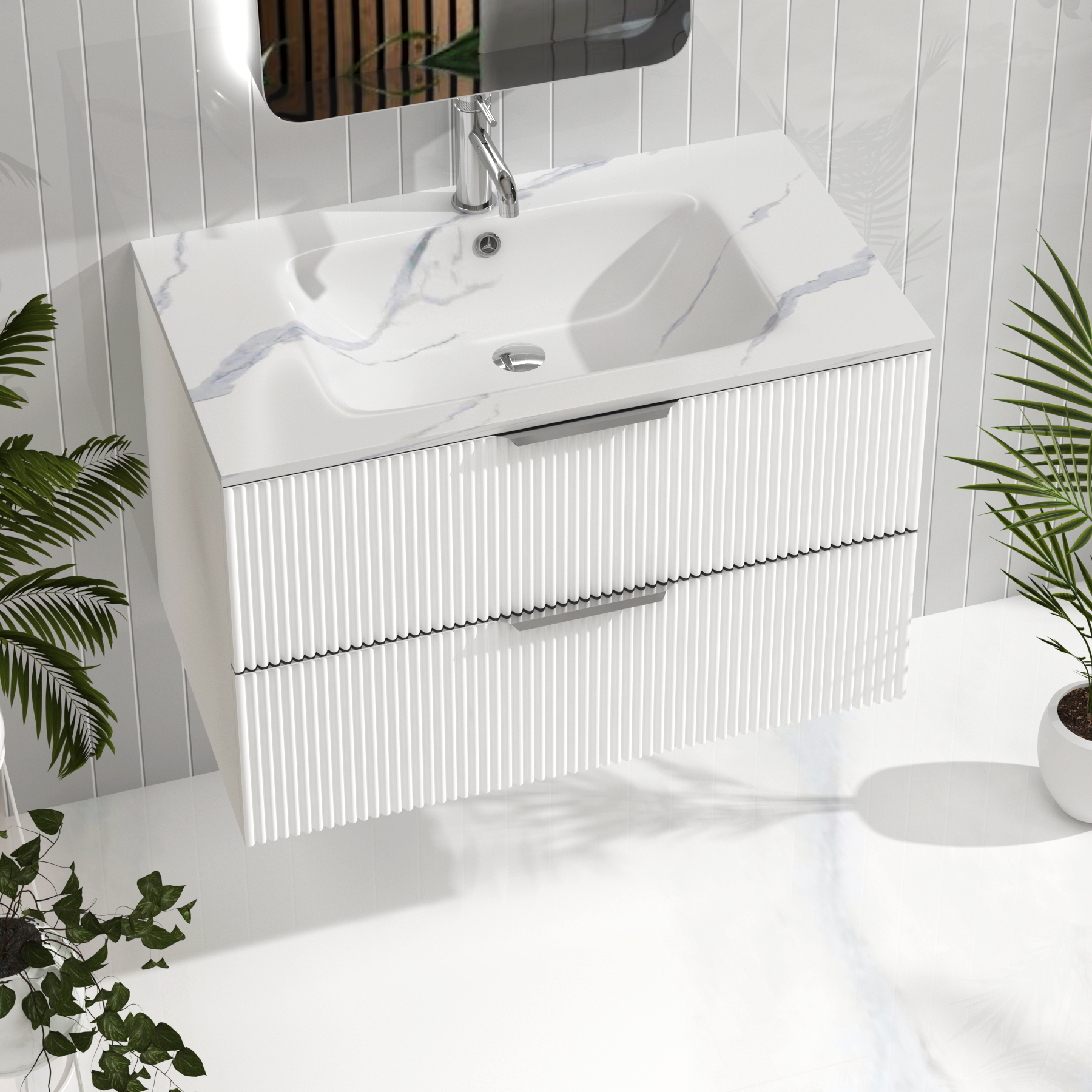 Evora Matt White Fluted Wall Hung Vanity Unit 2 Drawer with Optional Basin & Various Handles