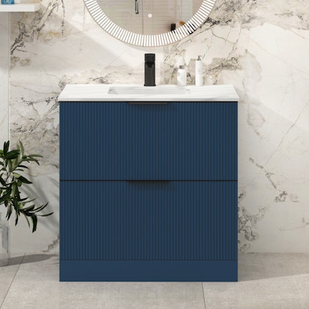 Evora 800mm Satin Blue Fluted Floor Standing Vanity Unit 2 Drawer with Carrara White Top & Matt Black Handles