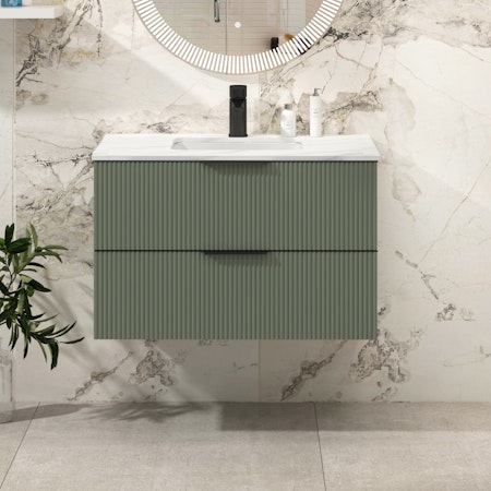 Evora Satin Green Fluted 2 Drawer Wall Hung Vanity Unit with Carrara White Top