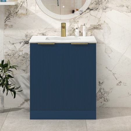 Evora Satin Blue Fluted Floor Standing Vanity Unit 2 Door with Carrara White Top