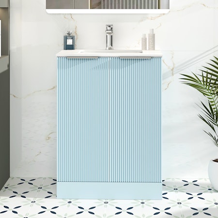 Evora Matt Sky Blue Fluted Floor Standing Vanity Unit 2 Door with Carrara White Top