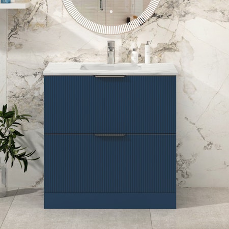 Evora 800mm Satin Blue Fluted Floor Standing Vanity Unit 2 Drawer with Carrara White Top