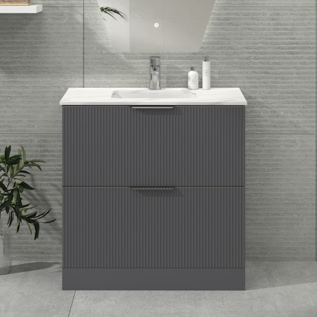 Evora Satin Grey Fluted Floor Standing Vanity Unit 2 Drawer with Carrara White Top