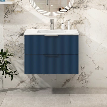 Evora Satin Blue Fluted Wall Hung Vanity Unit 2 Drawer with Carrara White Top