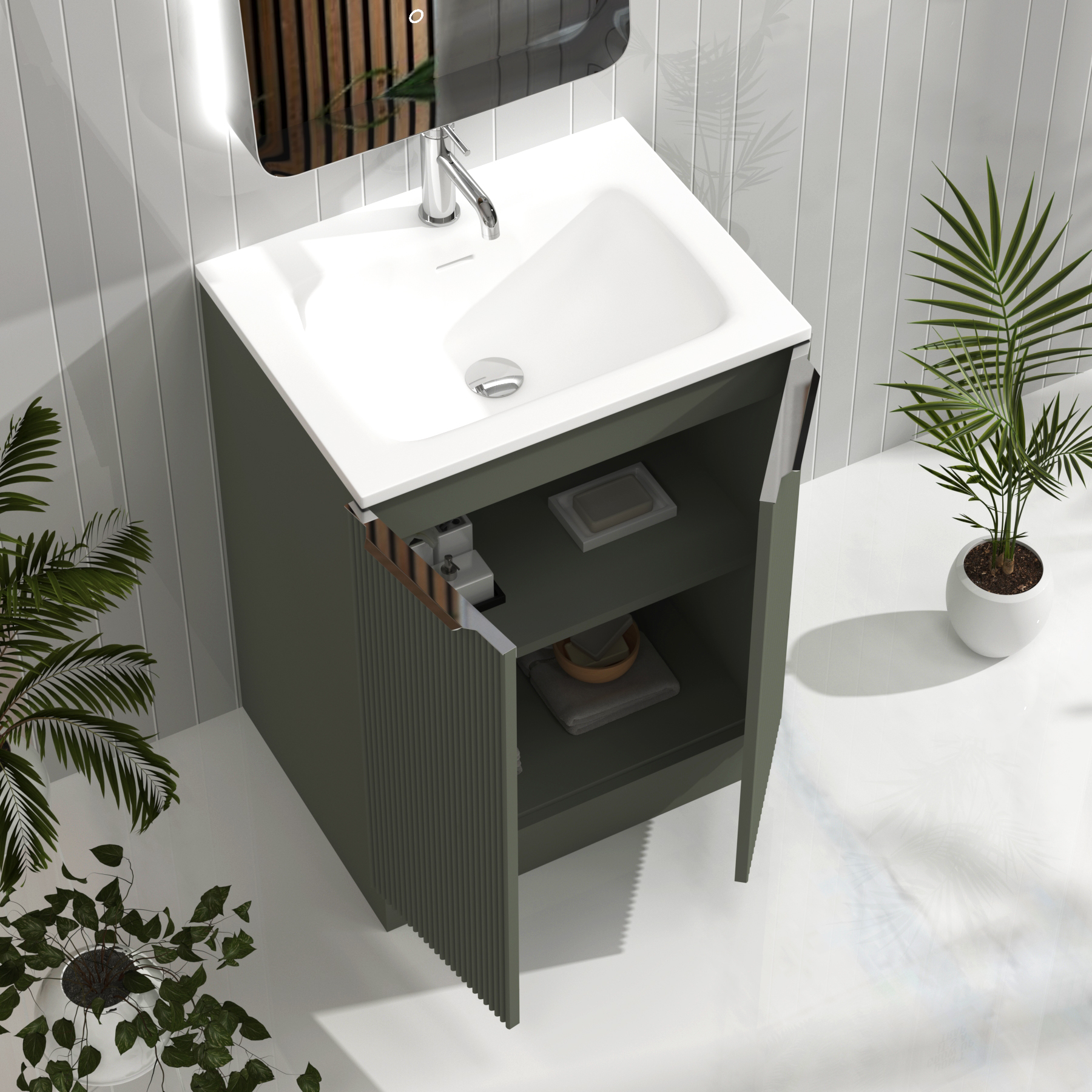 Evora Sage Green Fluted Floor Standing Vanity Unit 2 Door with Matt Stone Basin - Multiple Size