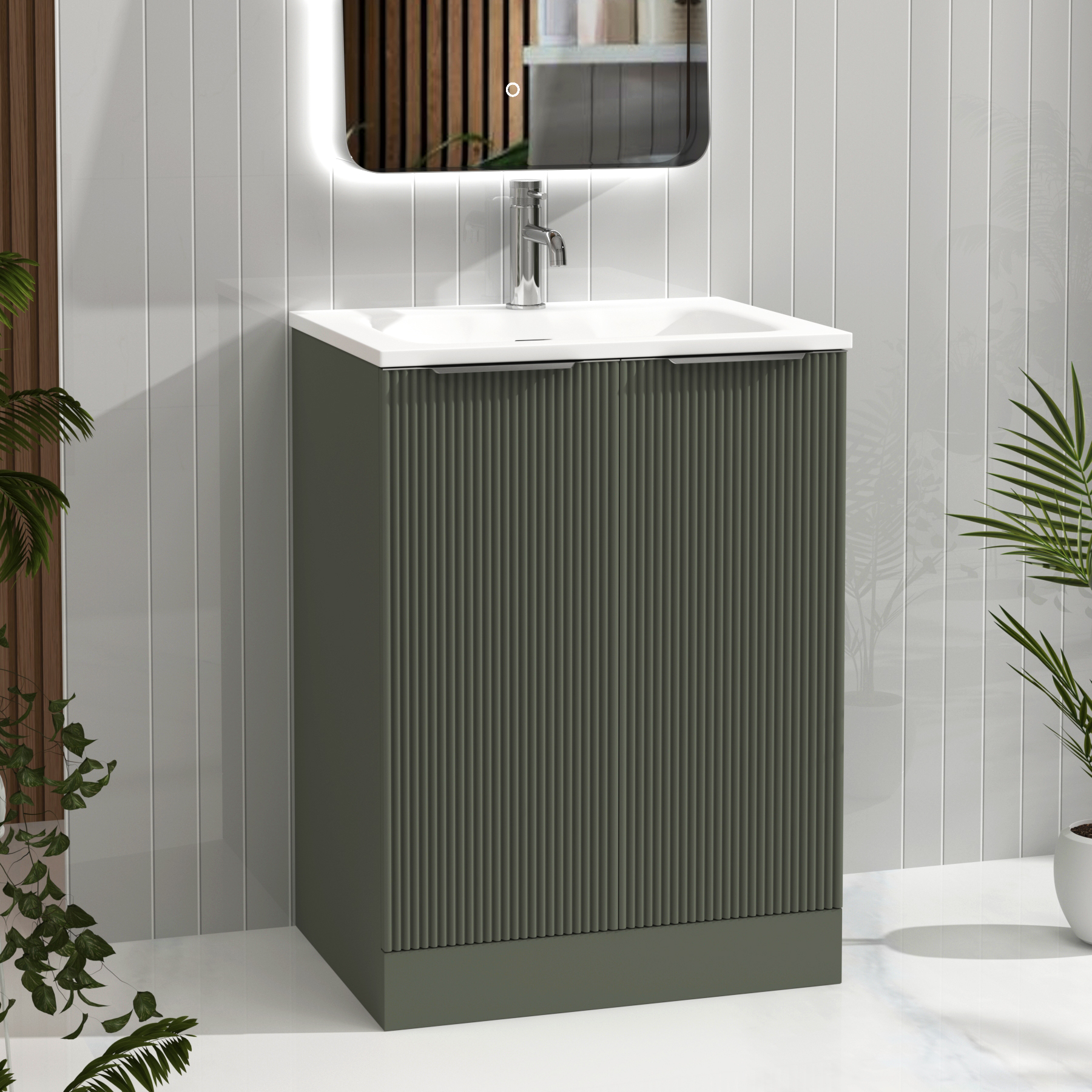 Evora Sage Green Fluted Floor Standing Vanity Unit 2 Door with Matt Stone Basin - Multiple Size