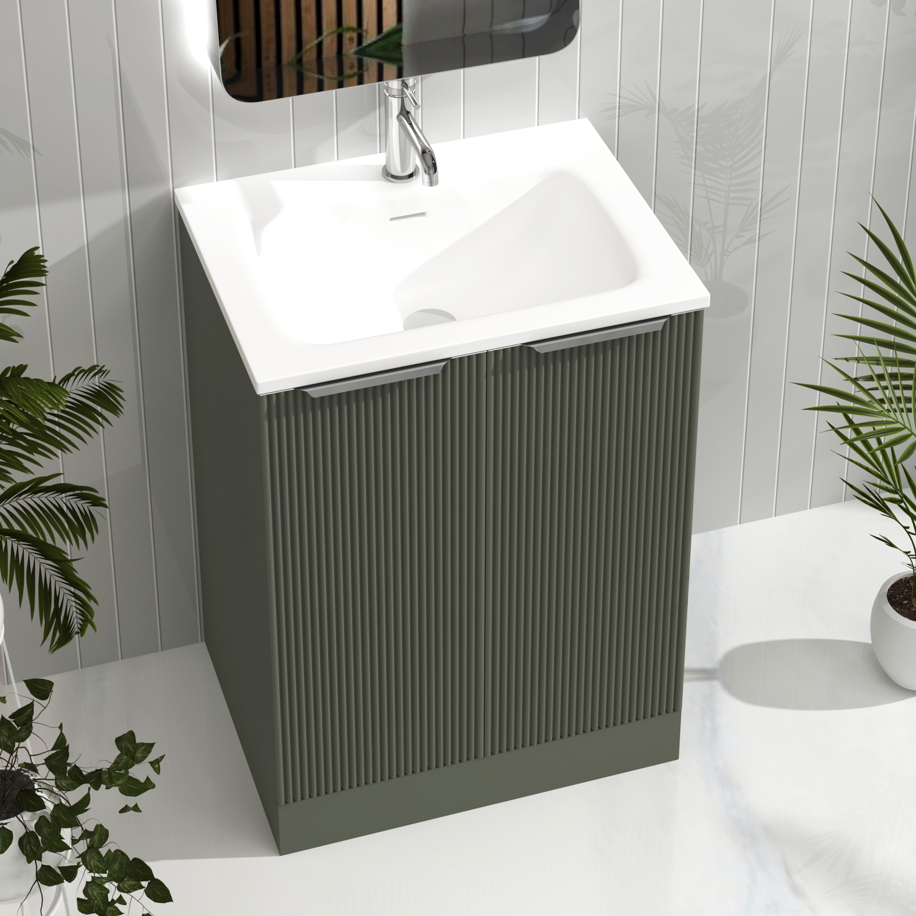 Evora Sage Green Fluted Floor Standing Vanity Unit 2 Door with Matt Stone Basin - Multiple Size
