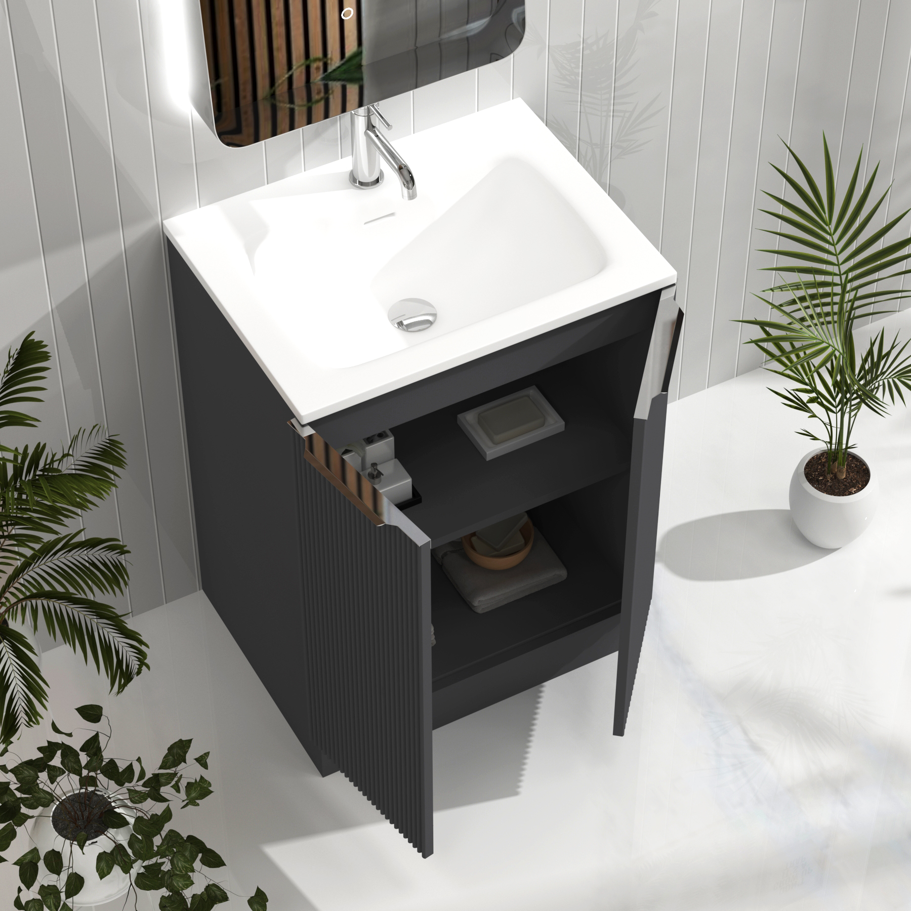 Evora Graphite Grey Fluted Floor Standing Vanity Unit 2 Door with Matt Stone Basin - Multiple Size