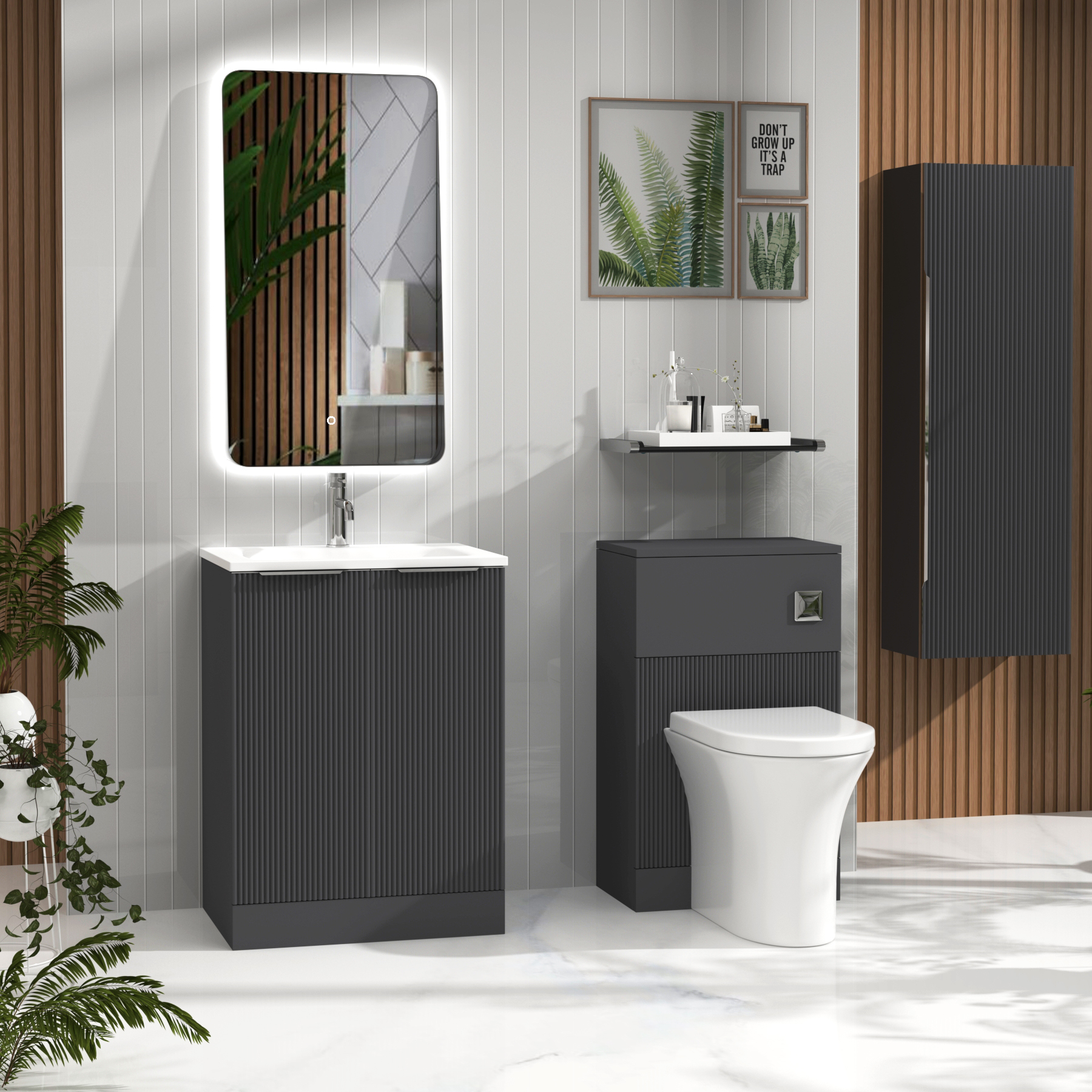 Evora Graphite Grey Fluted Floor Standing Vanity Unit 2 Door with Matt Stone Basin - Multiple Size