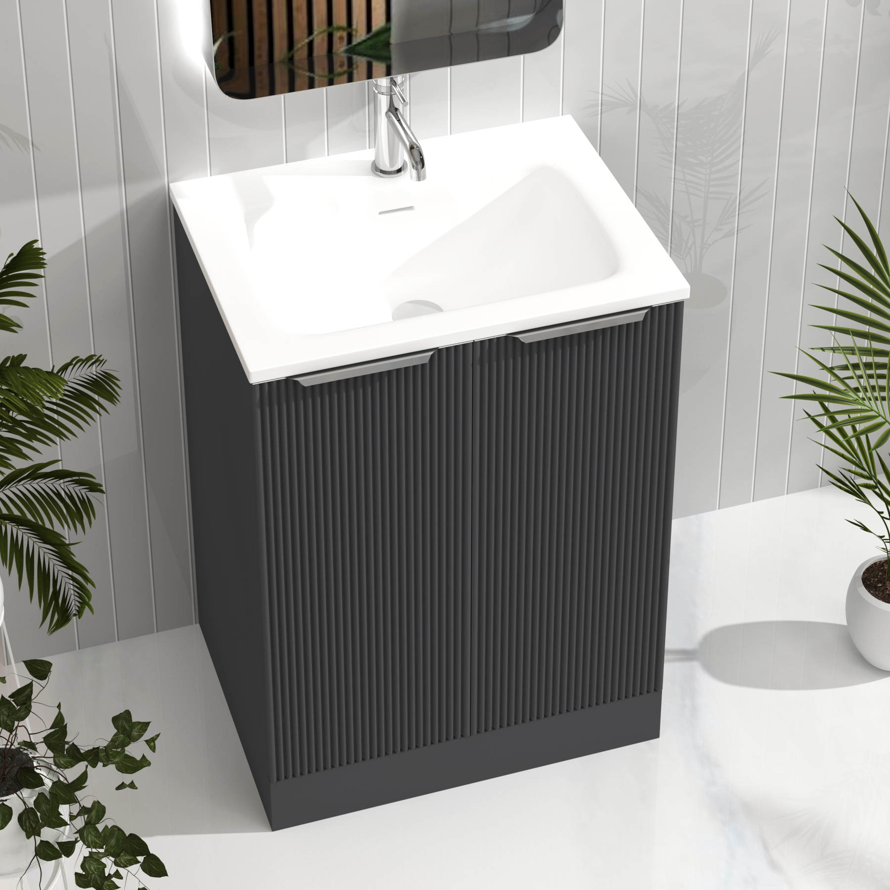 Evora Graphite Grey Fluted Floor Standing Vanity Unit 2 Door with Matt Stone Basin - Multiple Size