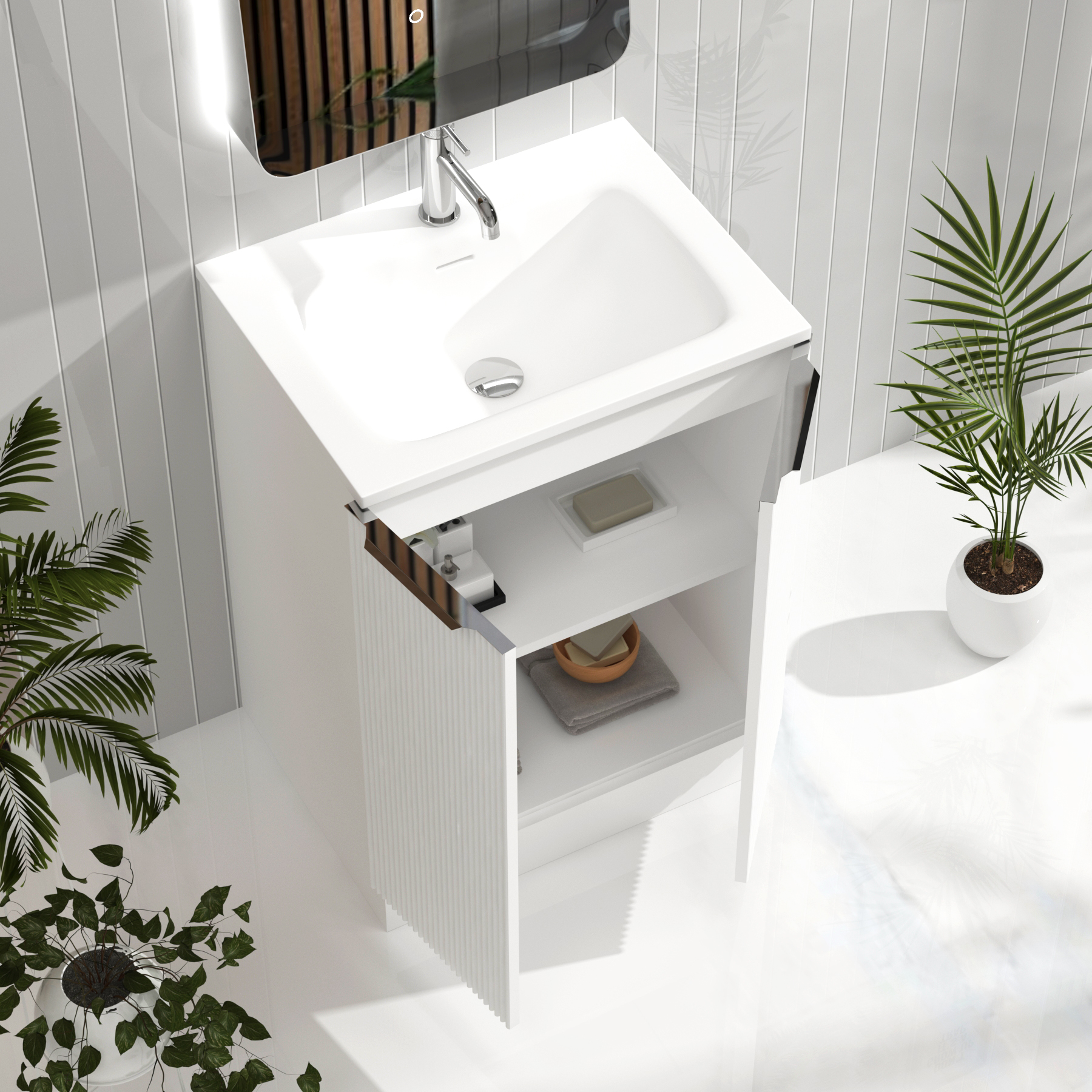 Evora Matt White Fluted Floor Standing Vanity Unit 2 Door with Matt Stone Basin - Multiple Size