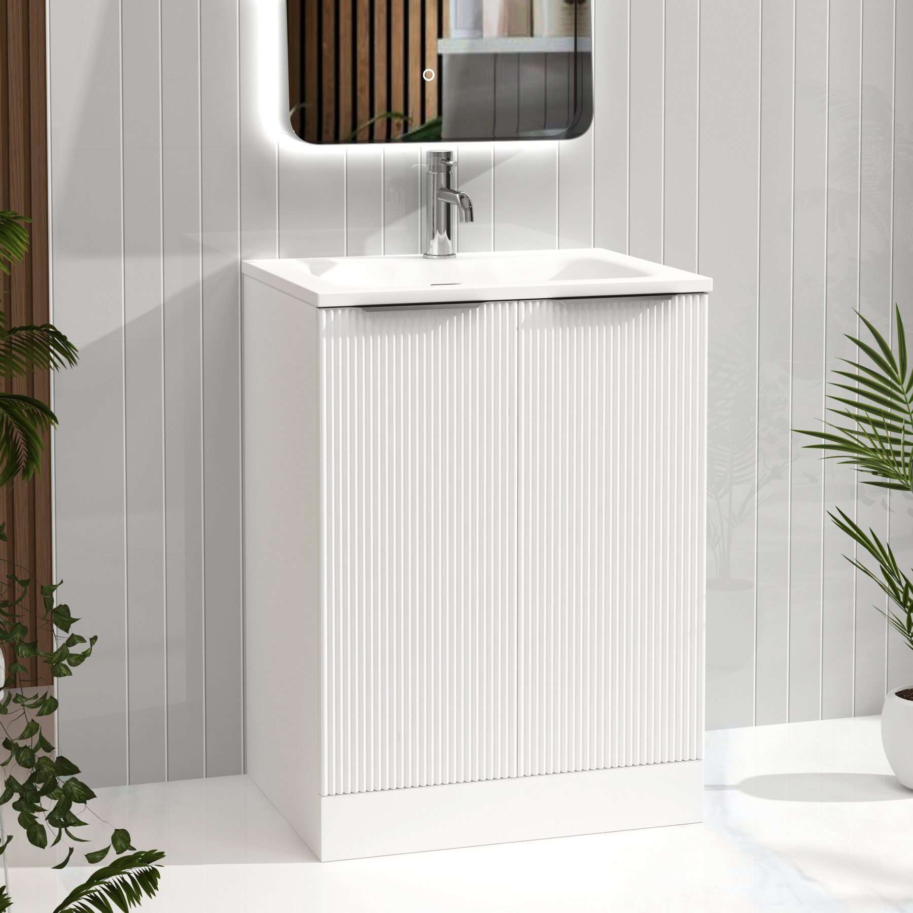 Evora Matt White Fluted Floor Standing Vanity Unit 2 Door with Matt Stone Basin - Multiple Size