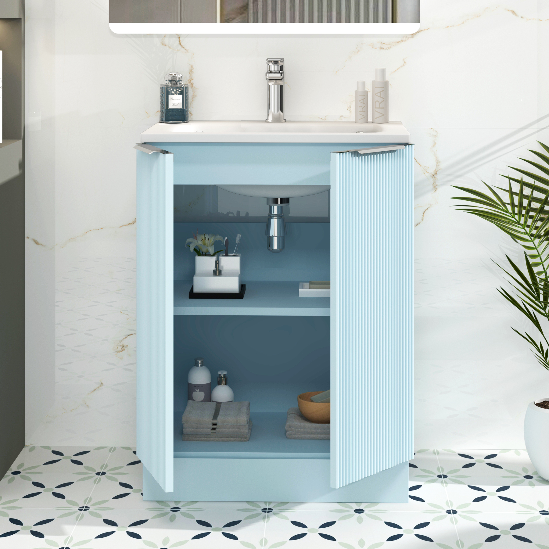 Evora Powder Blue Fluted Floor Standing Vanity Unit 2 Door with Matt Stone Basin - Multiple Size