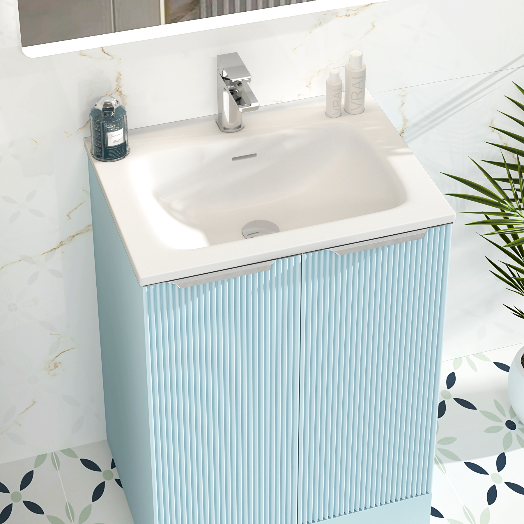 Evora Powder Blue Fluted Floor Standing Vanity Unit 2 Door with Matt Stone Basin - Multiple Size