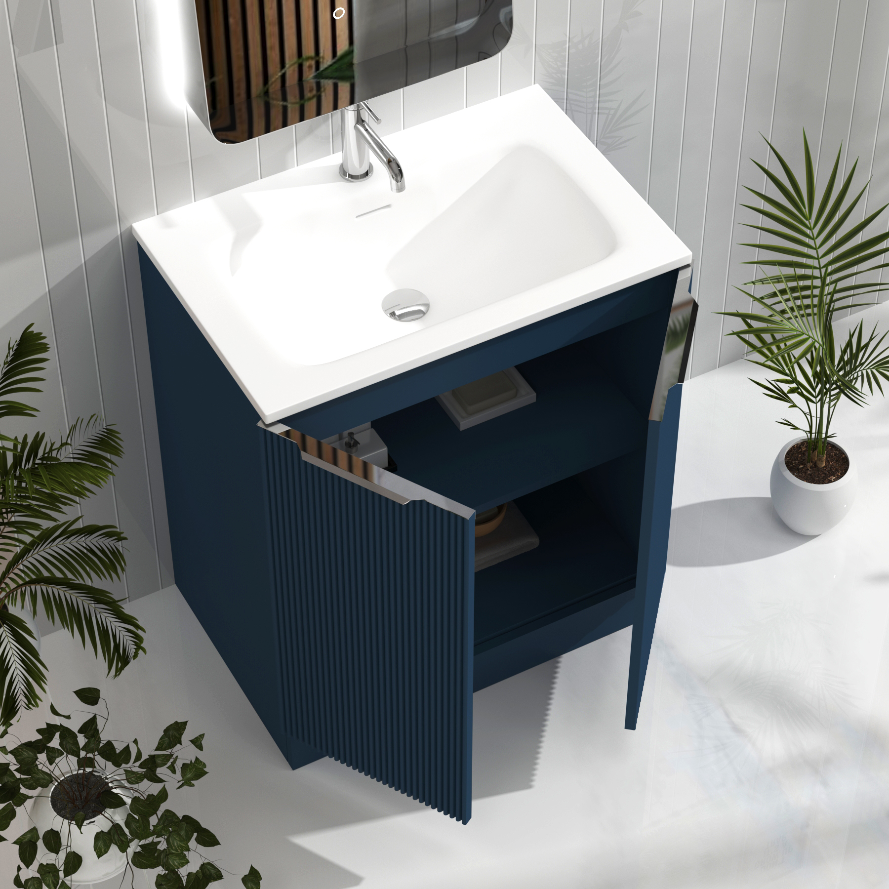 Evora 700mm Midnight Blue Fluted Floor Standing Vanity Unit 2 Door with Matt Stone Basin
