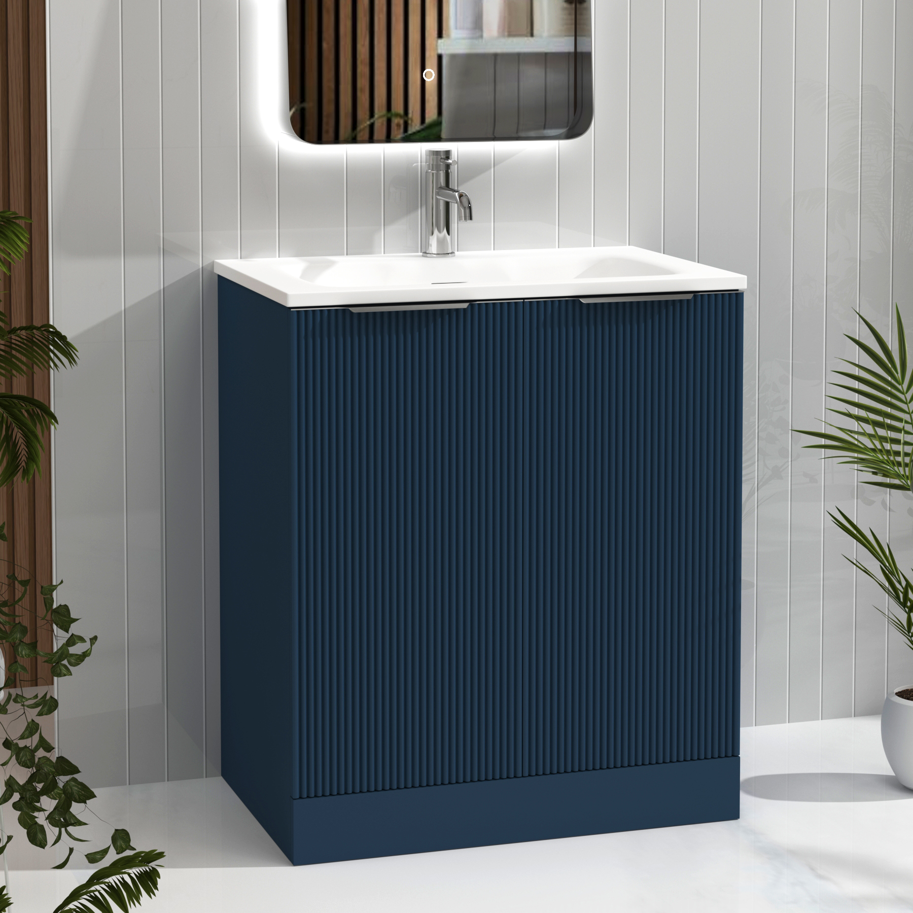 Evora 700mm Midnight Blue Fluted Floor Standing Vanity Unit 2 Door with Matt Stone Basin
