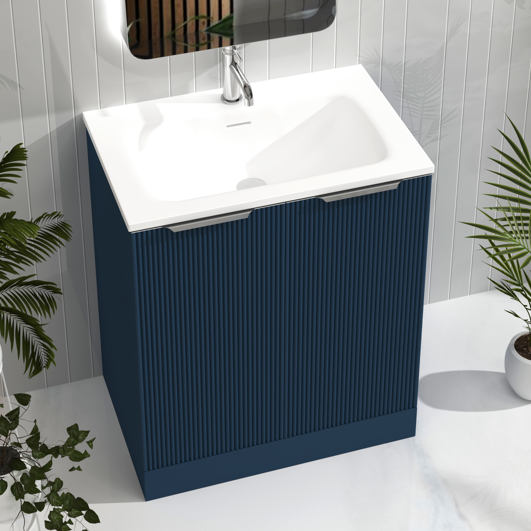 Evora 700mm Midnight Blue Fluted Floor Standing Vanity Unit 2 Door with Matt Stone Basin