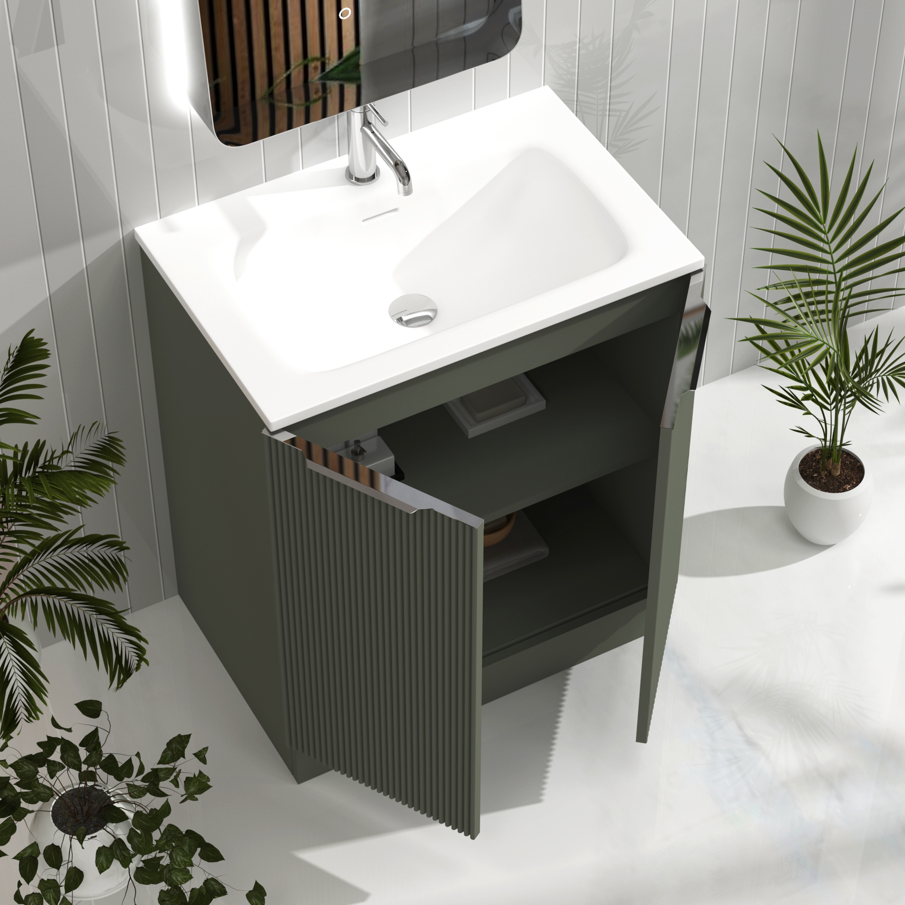 Evora Sage Green Fluted Floor Standing Vanity Unit 2 Door with Matt Stone Basin - Multiple Size