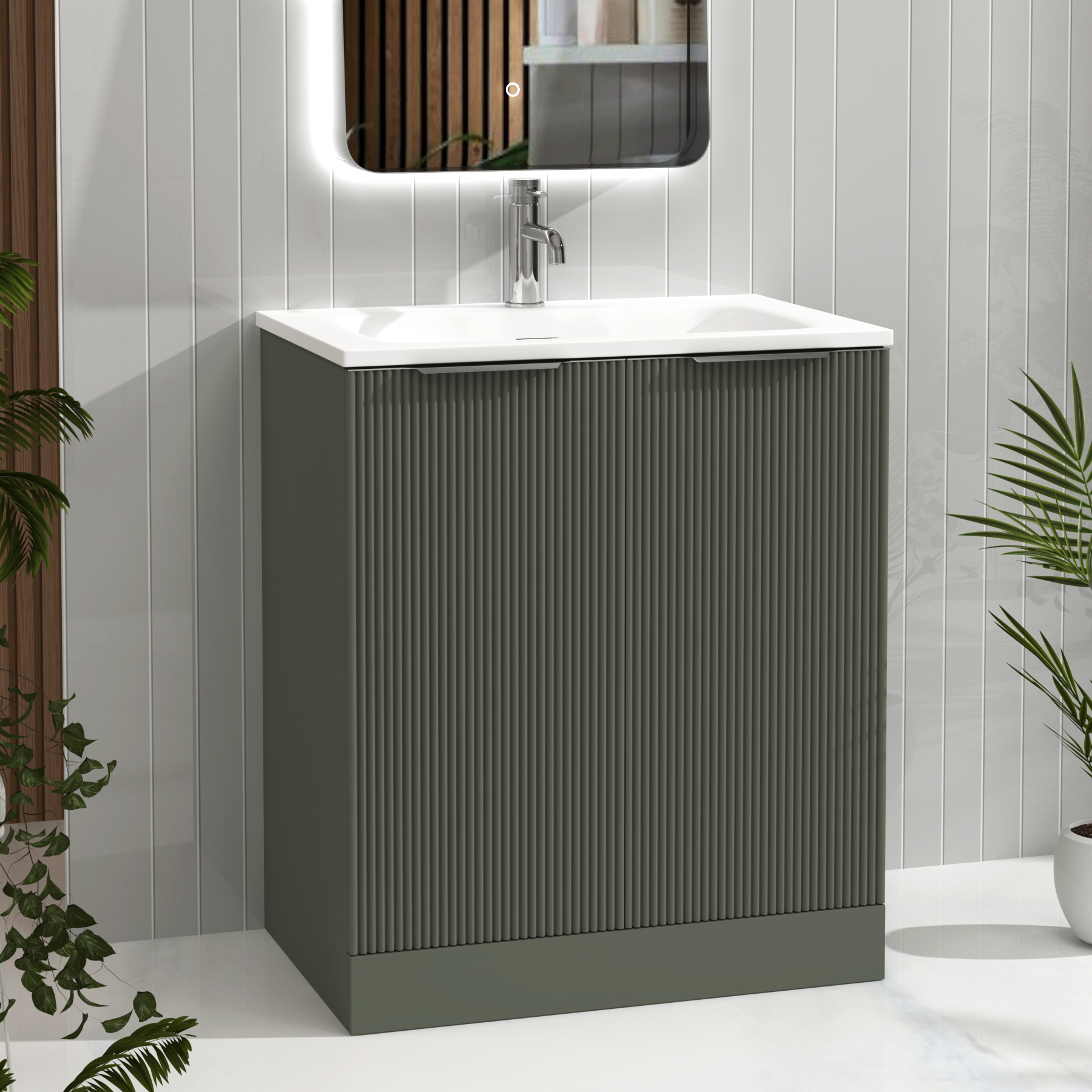 Evora Sage Green Fluted Floor Standing Vanity Unit 2 Door with Matt Stone Basin - Multiple Size