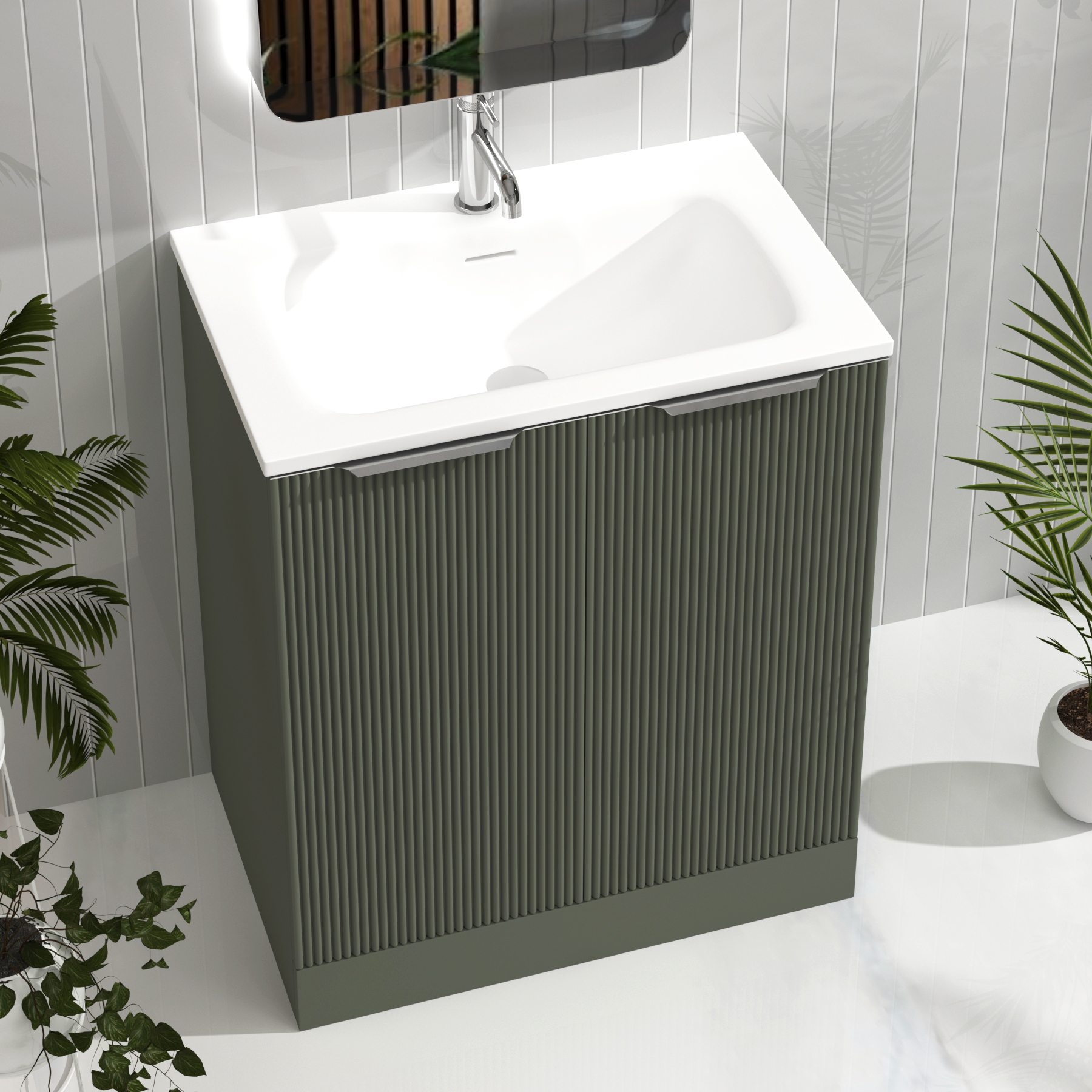 Evora Sage Green Fluted Floor Standing Vanity Unit 2 Door with Matt Stone Basin - Multiple Size