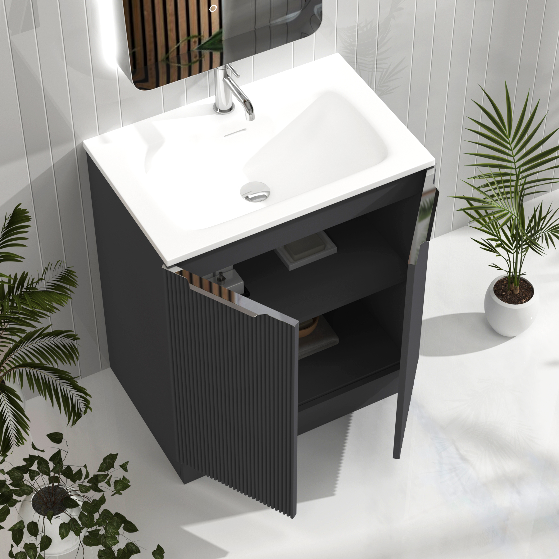Evora 700mm Graphite Grey Fluted Floor Standing Vanity Unit 2 Door with Matt Stone Basin