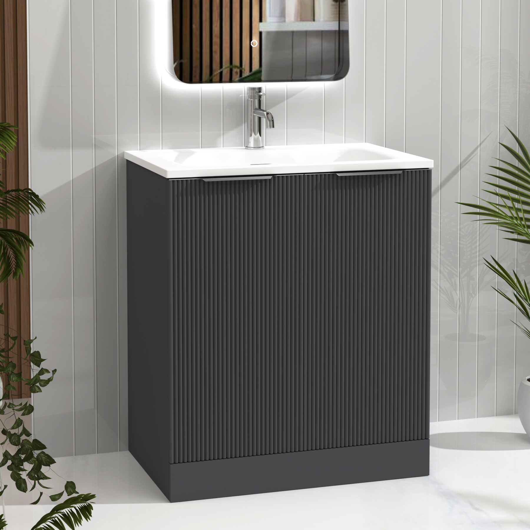 Evora 700mm Graphite Grey Fluted Floor Standing Vanity Unit 2 Door with Matt Stone Basin