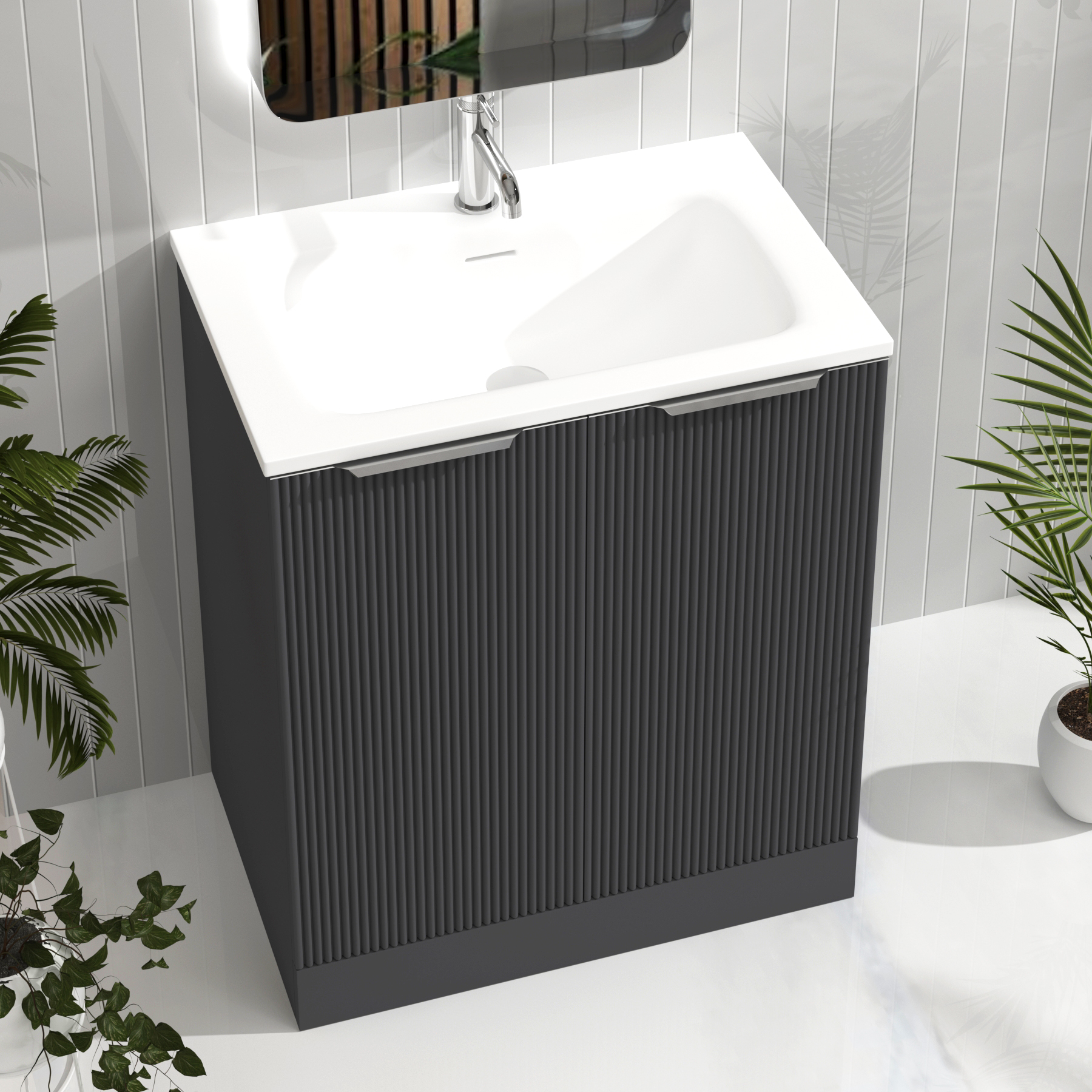 Evora 700mm Graphite Grey Fluted Floor Standing Vanity Unit 2 Door with Matt Stone Basin