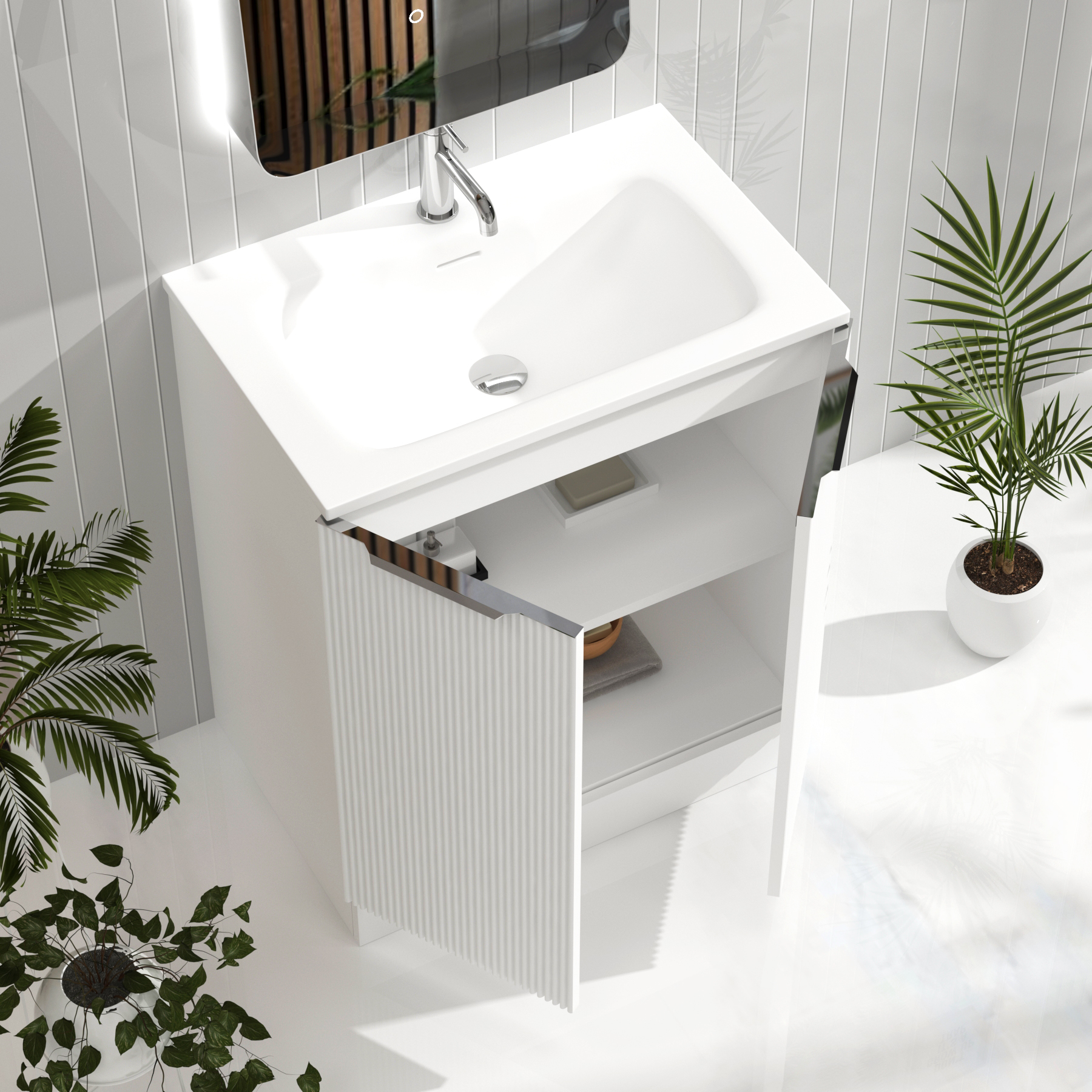Evora Matt White Fluted Floor Standing Vanity Unit 2 Door with Matt Stone Basin - Multiple Size