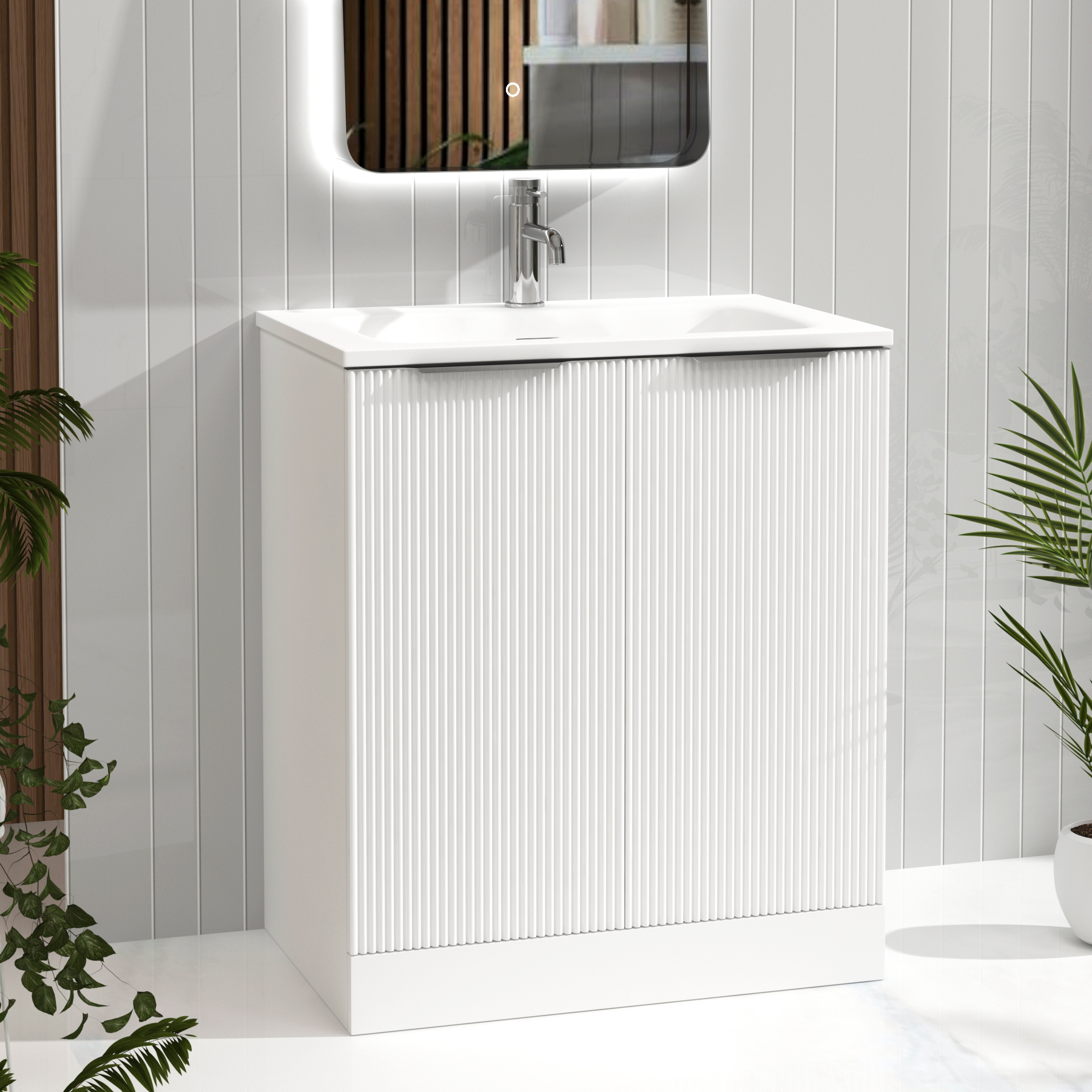 Evora Matt White Fluted Floor Standing Vanity Unit 2 Door with Matt Stone Basin - Multiple Size