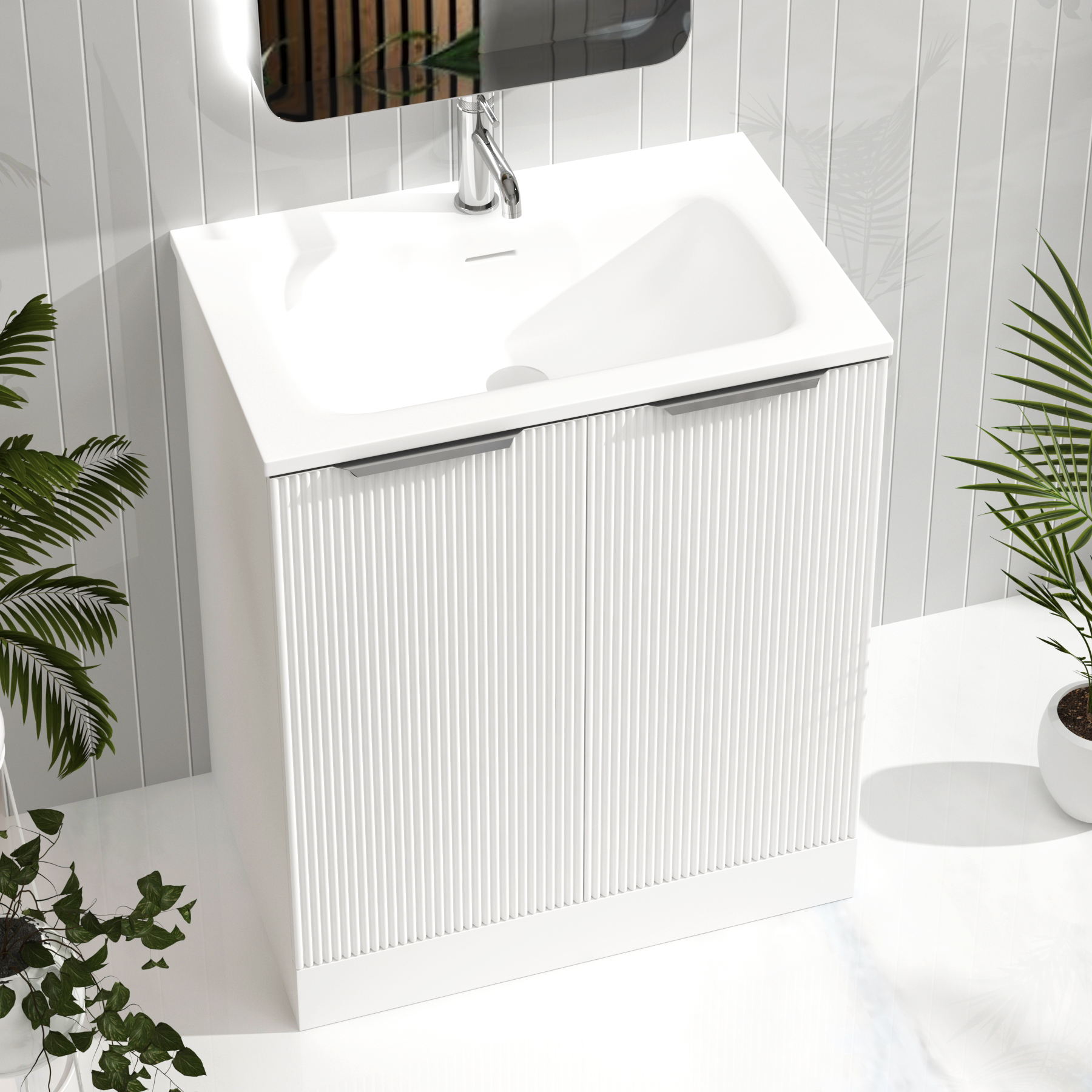 Evora Matt White Fluted Floor Standing Vanity Unit 2 Door with Matt Stone Basin - Multiple Size