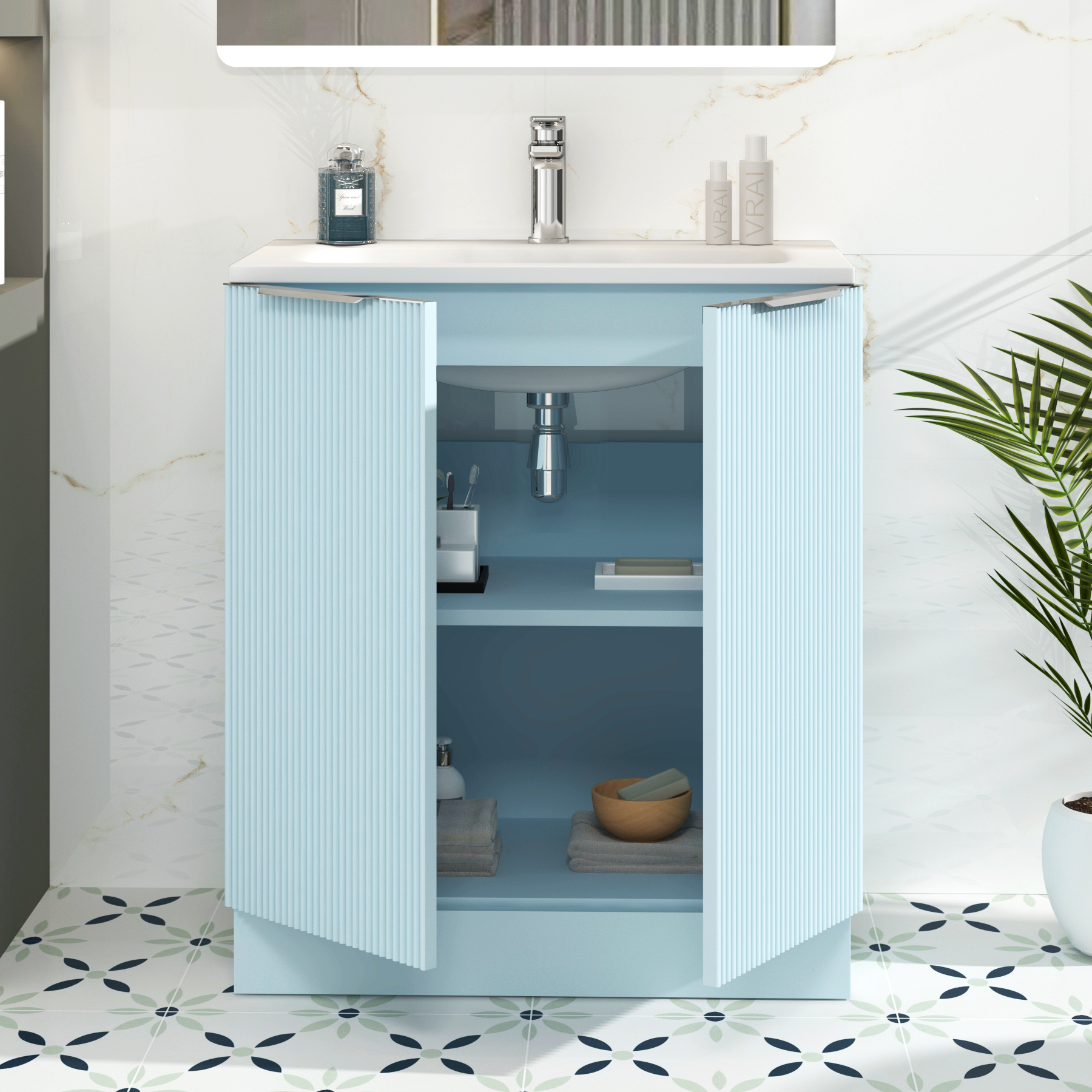 Evora 700mm Powder Blue Fluted Floor Standing Vanity Unit 2 Door with Matt Stone Basin